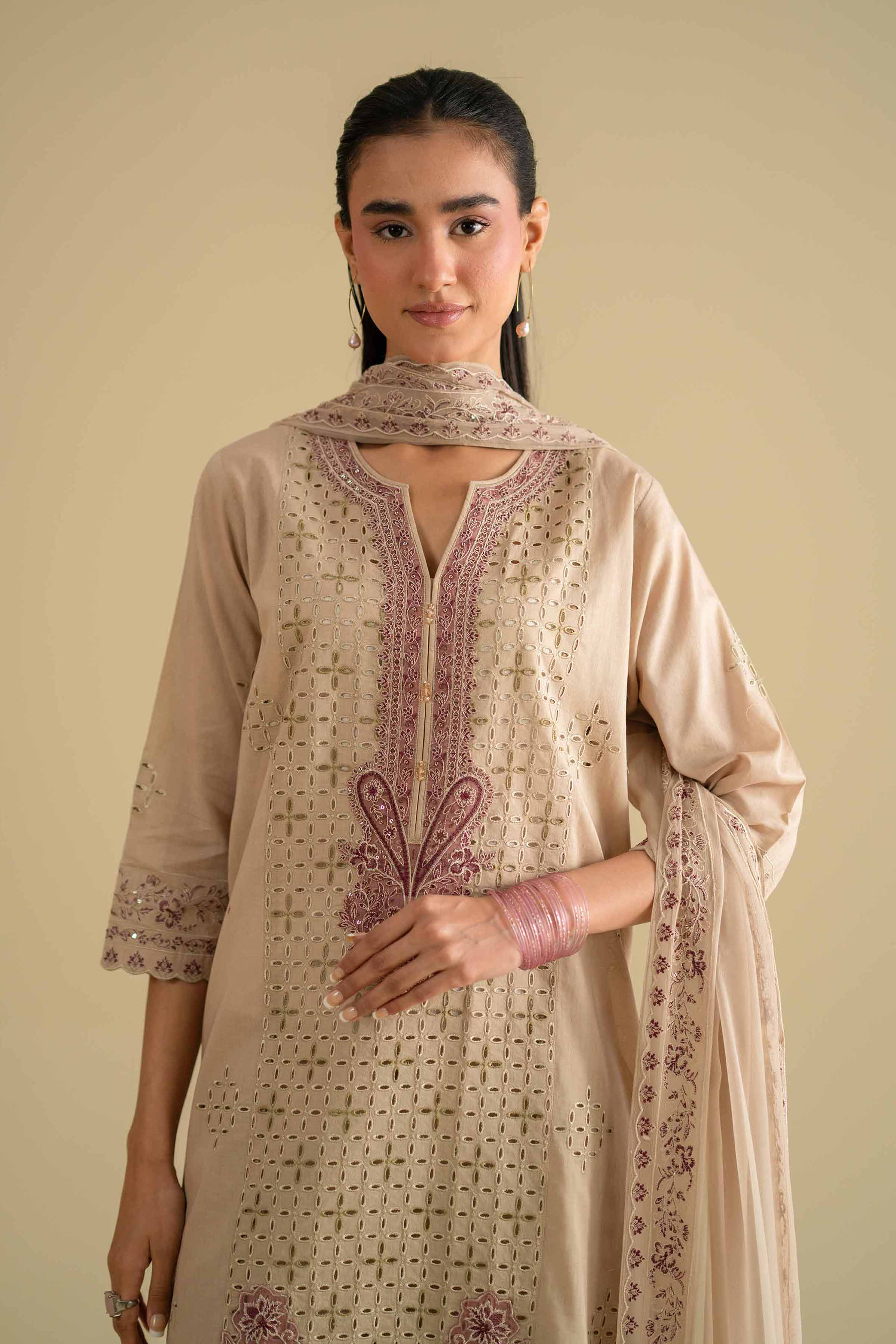 3 Piece - Embroidered Suit - KFE26-97 Beige Cambric 3PC Embroidered Nishat Australia