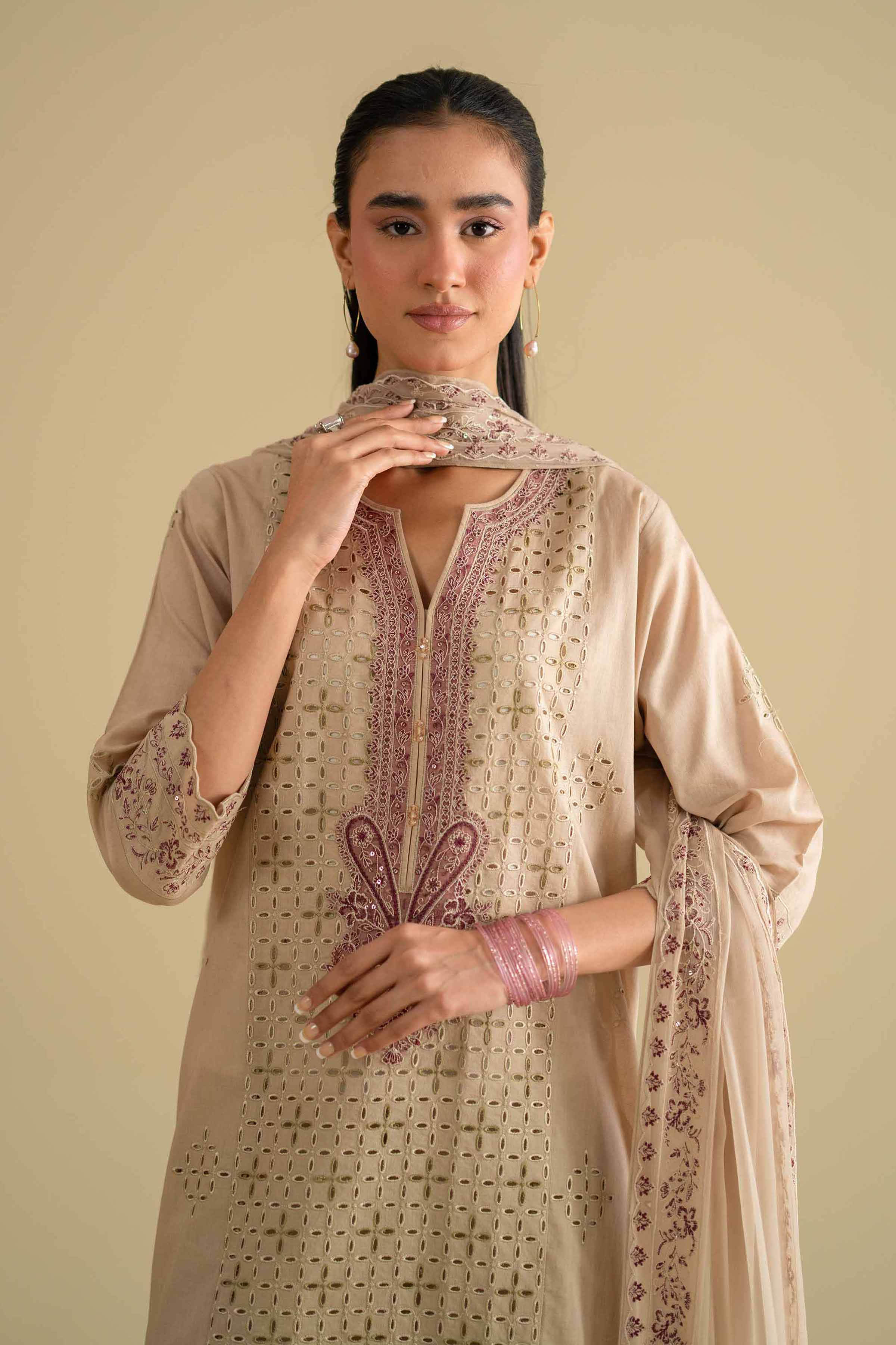 3 Piece - Embroidered Suit - KFE26-97 Beige Cambric 3PC Embroidered Nishat Australia