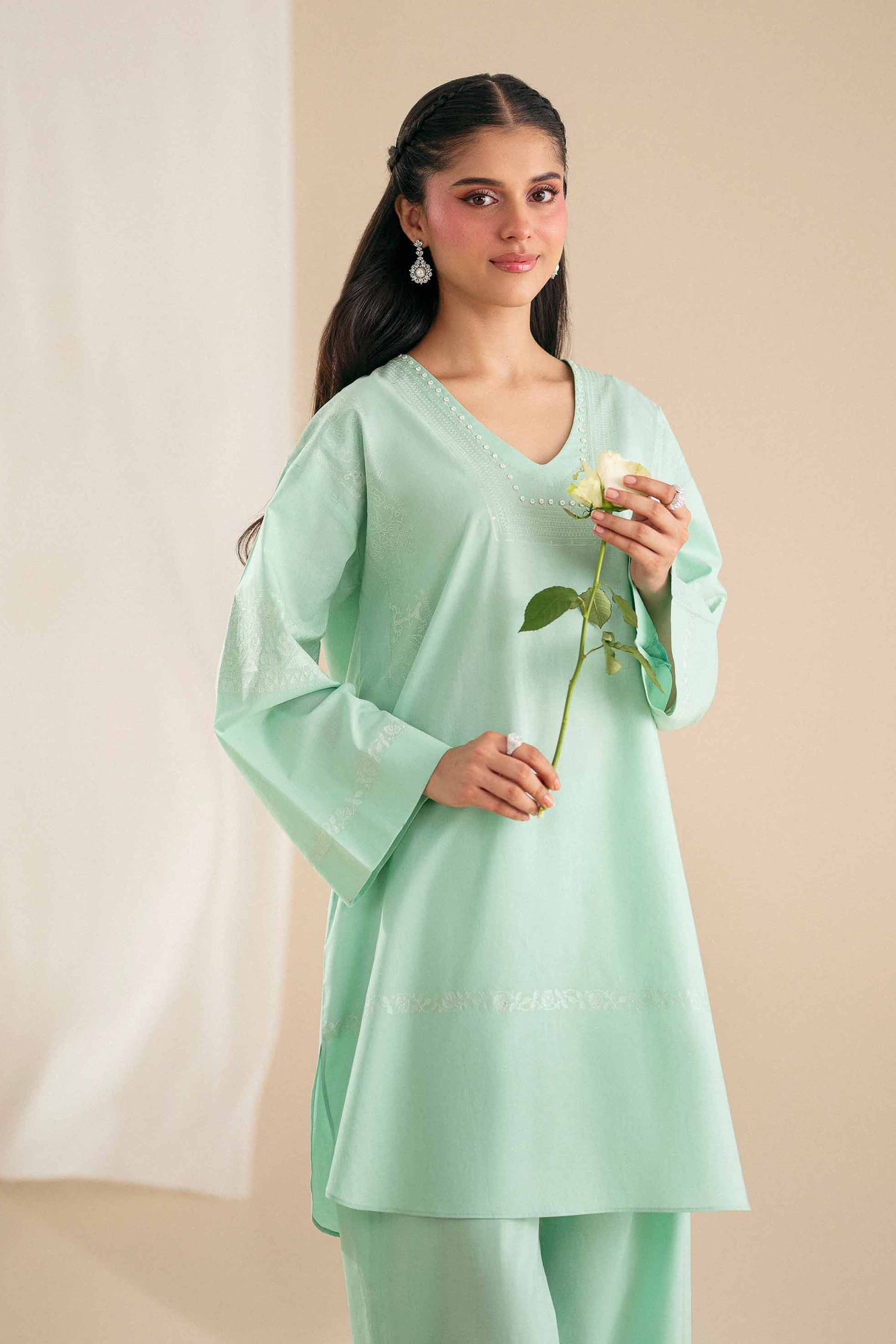 2 Piece - Embroidered Suit - KFS25-110 READY TO WEAR - LUXURY Green Cambric 2PC Embroidered