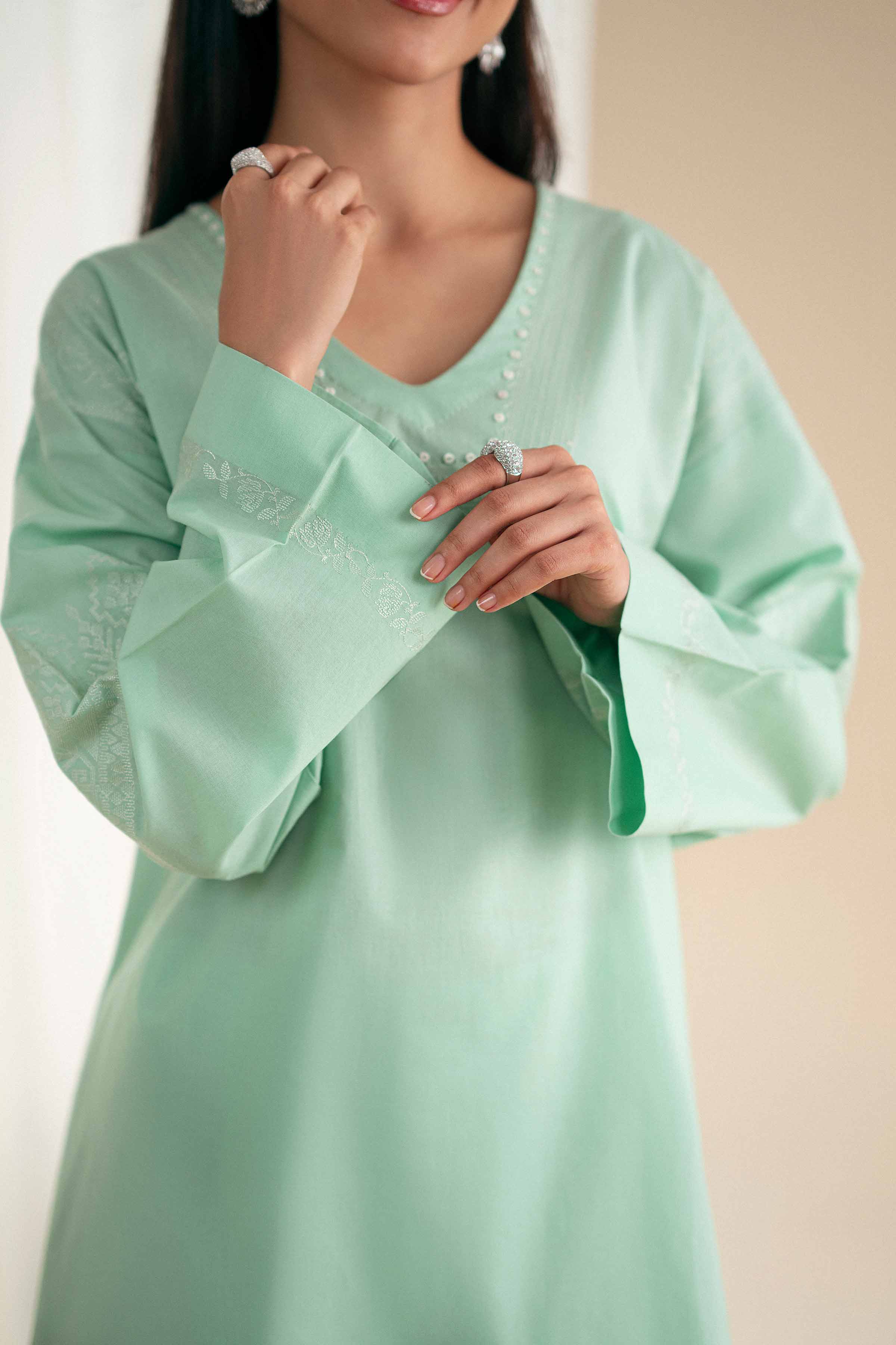 2 Piece - Embroidered Suit - KFS25-110 READY TO WEAR - LUXURY Green Cambric 2PC Embroidered
