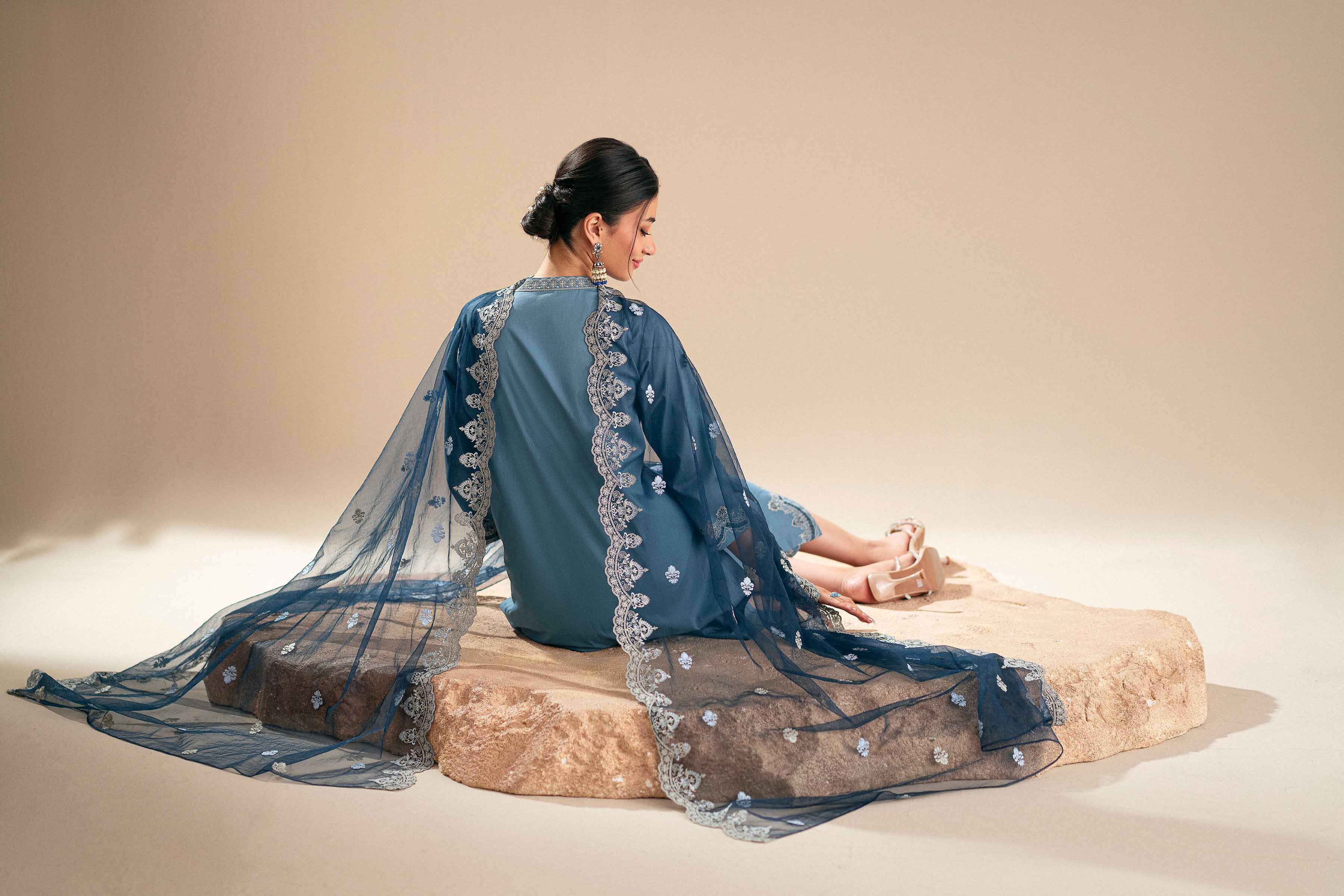 3 Piece - Embroidered Suit - KFS25-122 READY TO WEAR - LUXURY Blue Cambric 3PC Embroidered
