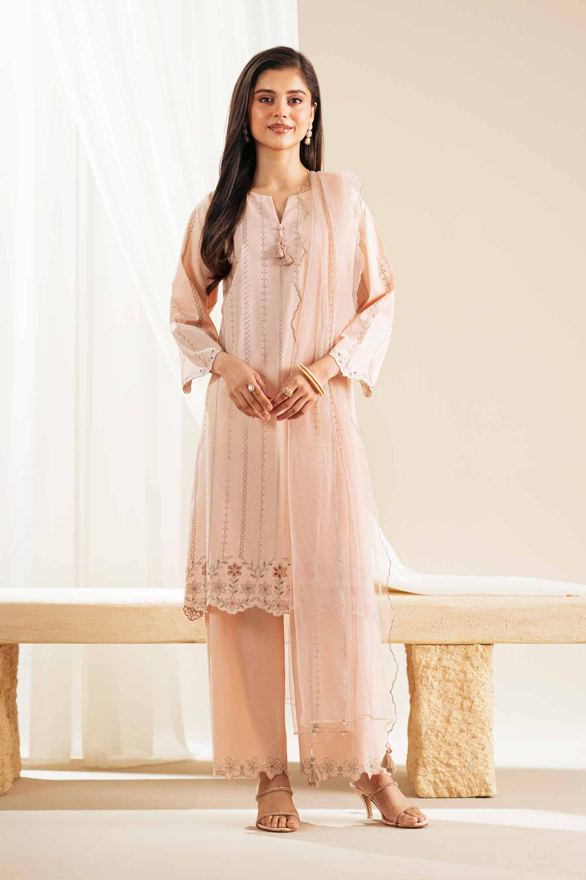 3 Piece - Embroidered Suit - KFS25-123 READY TO WEAR - LUXURY Orange Cambric 3PC Embroidered