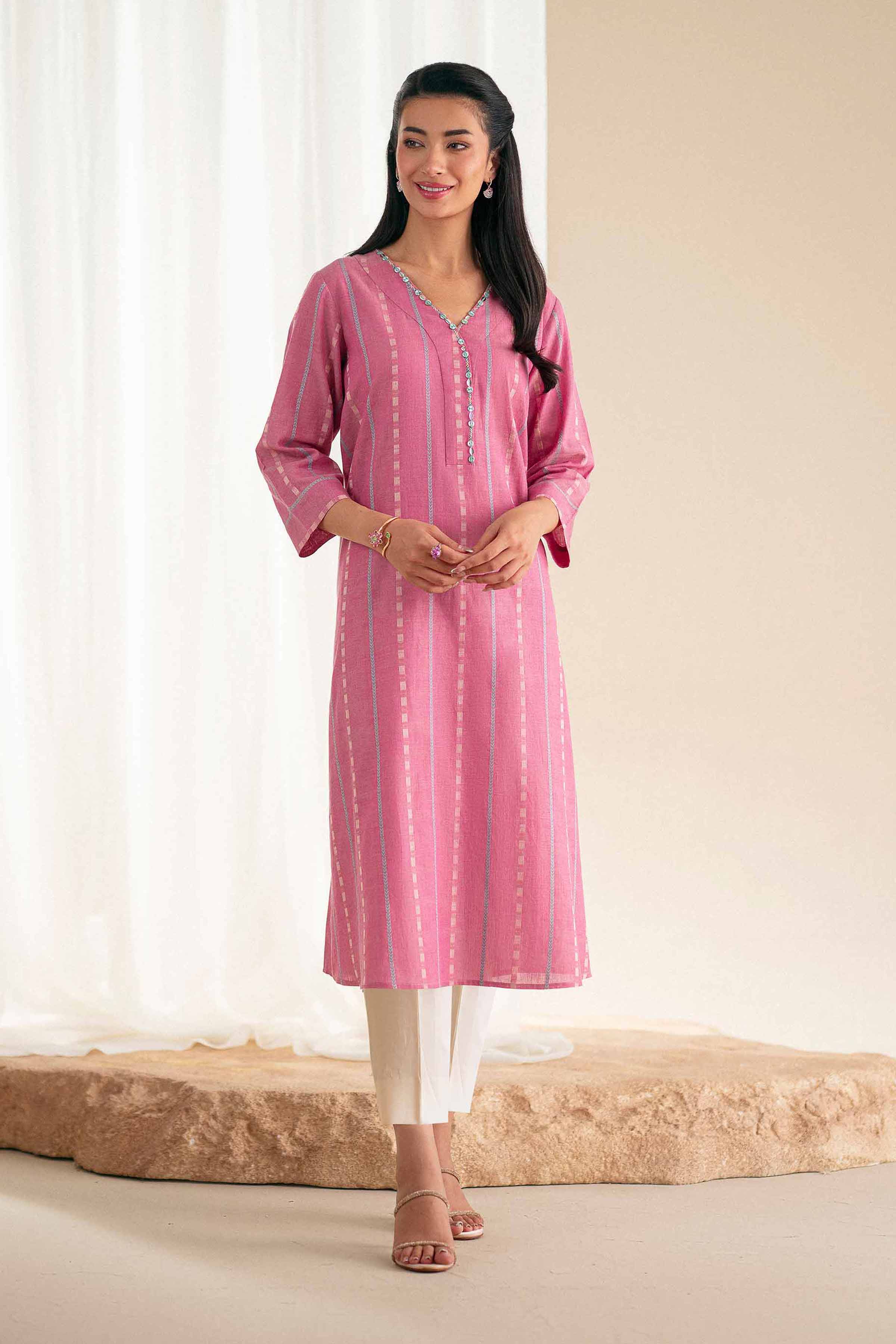 Basic Shirt - KFS25-86 READY TO WEAR - LUXURY Pink Yarn Dyed 1PC Solids
