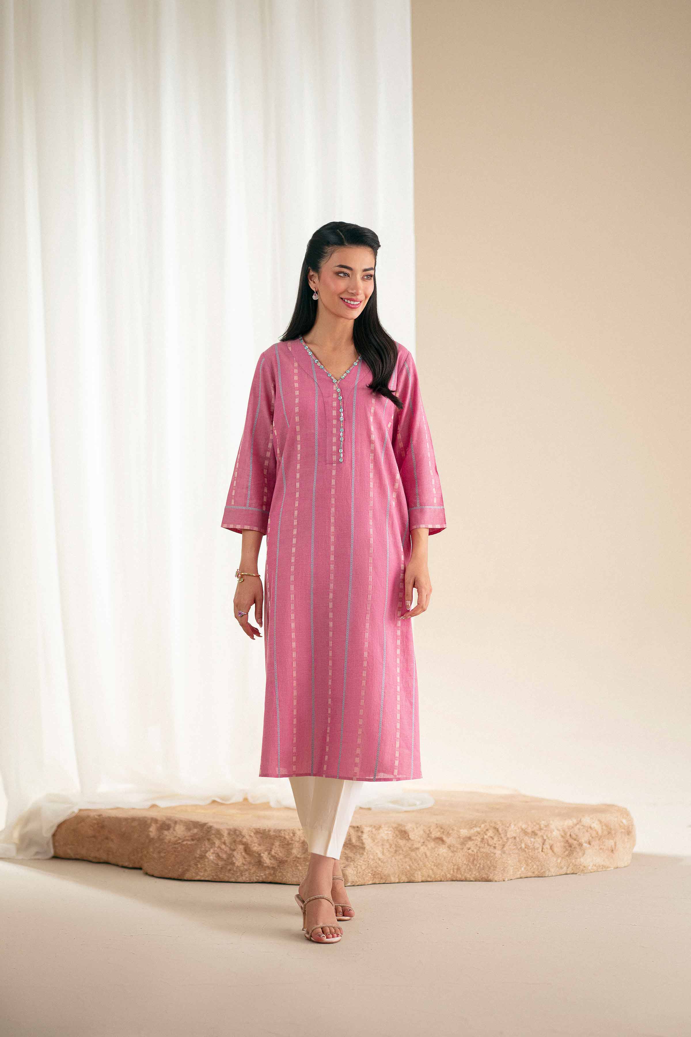 Basic Shirt - KFS25-86 READY TO WEAR - LUXURY Pink Yarn Dyed 1PC Solids