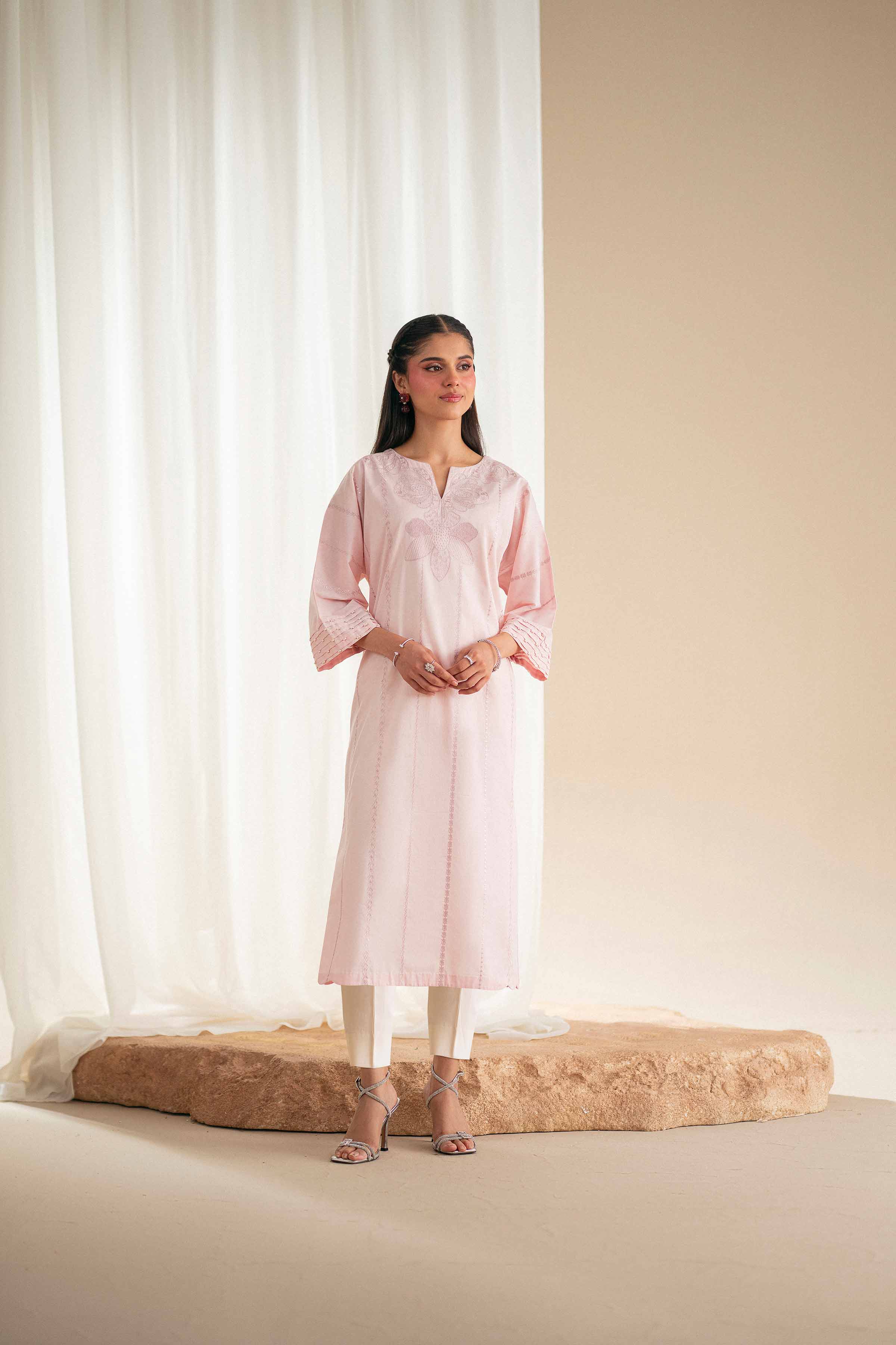 Embroidered Shirt - KFS25-92 READY TO WEAR - LUXURY Pink Cambric 1PC Embroidered