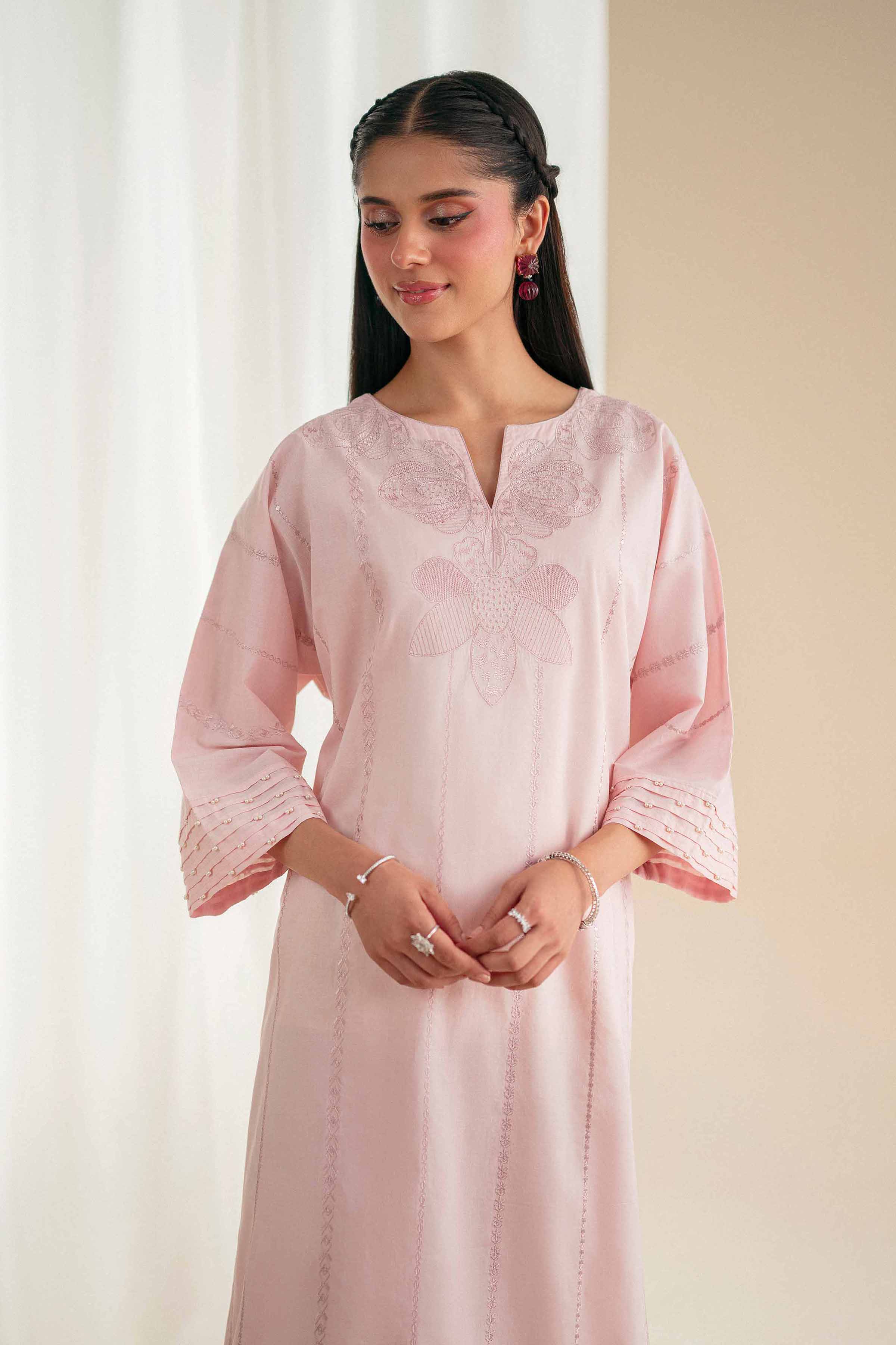 Embroidered Shirt - KFS25-92 READY TO WEAR - LUXURY Pink Cambric 1PC Embroidered