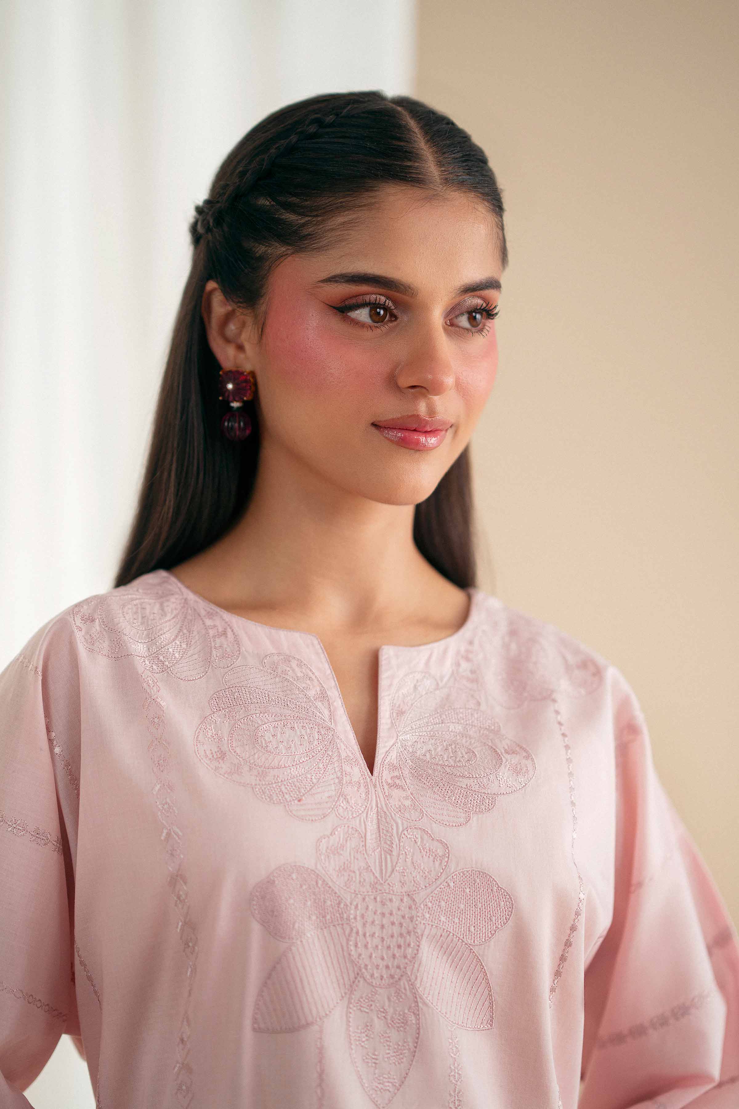 Embroidered Shirt - KFS25-92 READY TO WEAR - LUXURY Pink Cambric 1PC Embroidered