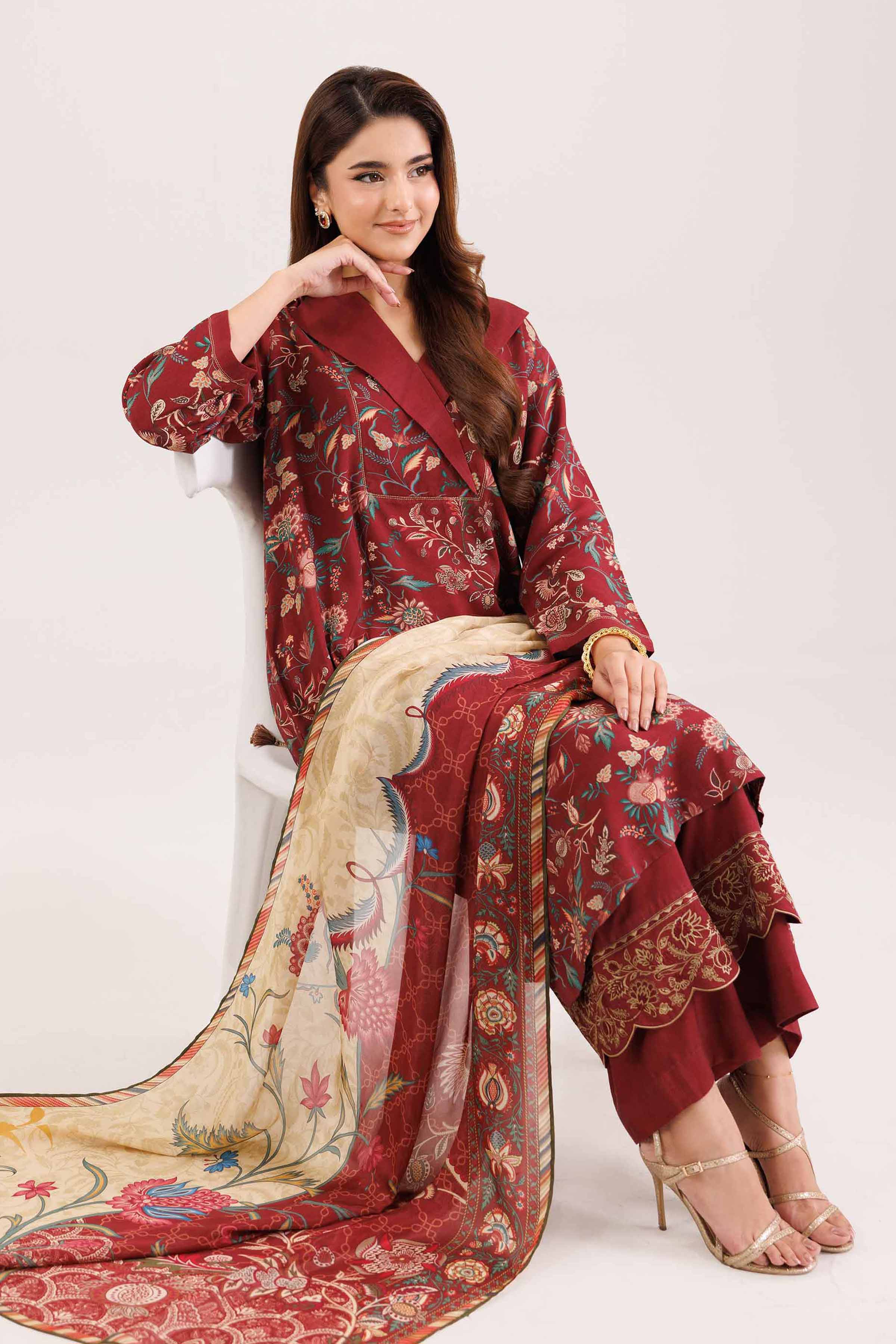 3 Piece - Printed Embroidered Suit - KFW25-100 READY TO WEAR - LUXURY Red Silk 3PC Embroidered
