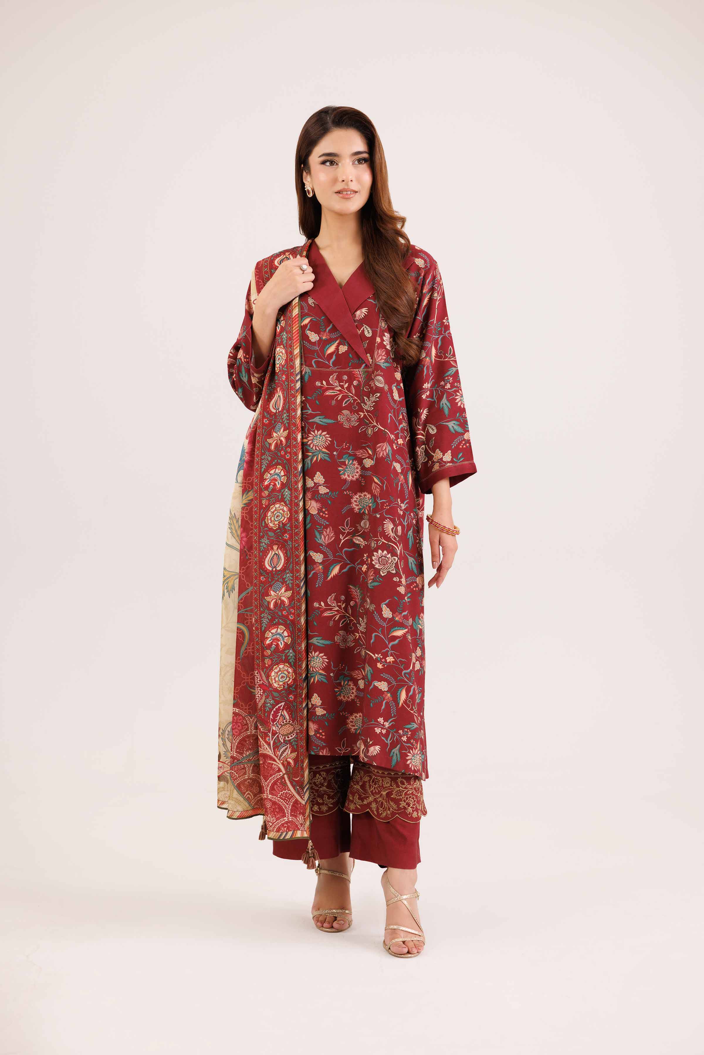 3 Piece - Printed Embroidered Suit - KFW25-100 READY TO WEAR - LUXURY Red Silk 3PC Embroidered