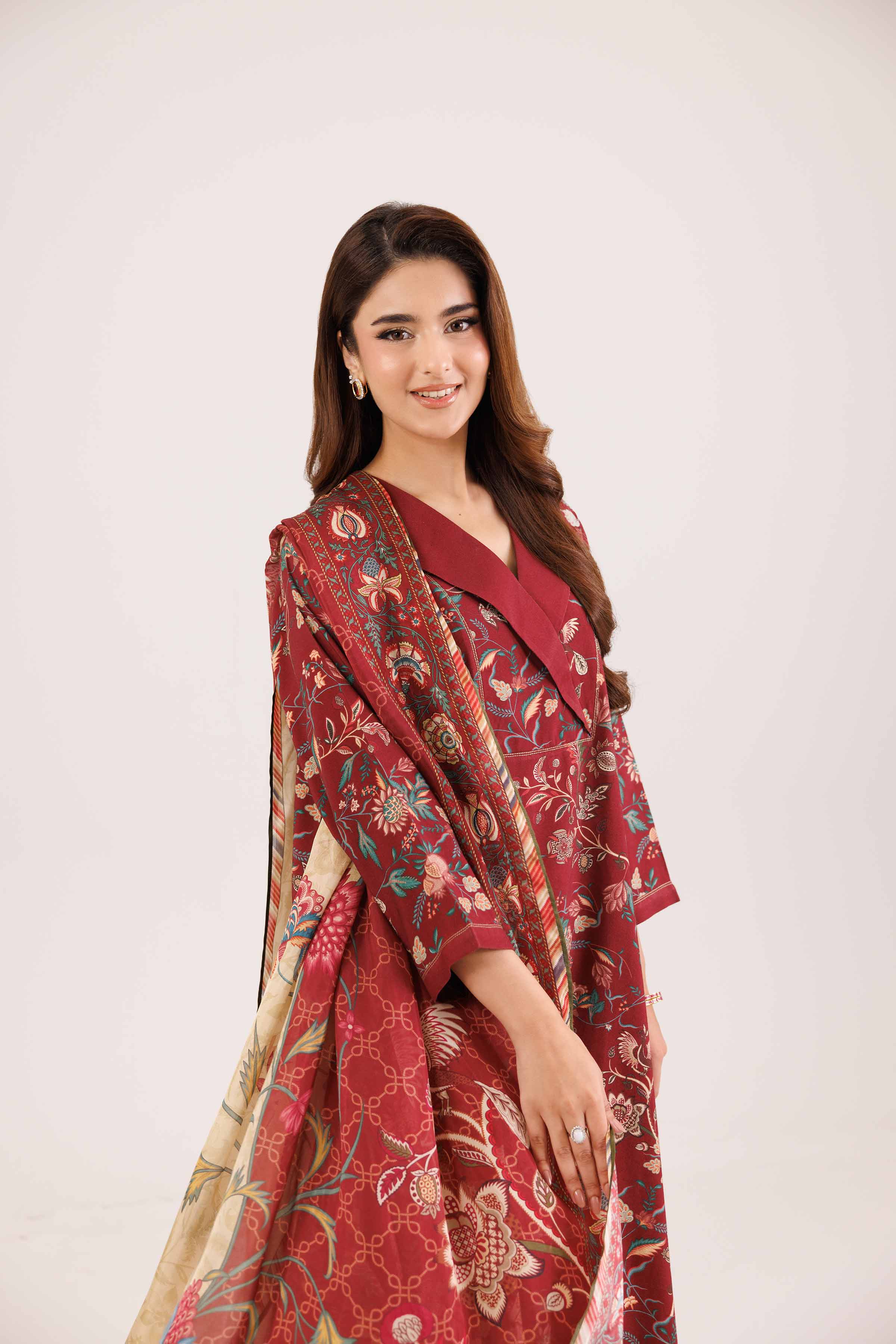 3 Piece - Printed Embroidered Suit - KFW25-100 READY TO WEAR - LUXURY Red Silk 3PC Embroidered