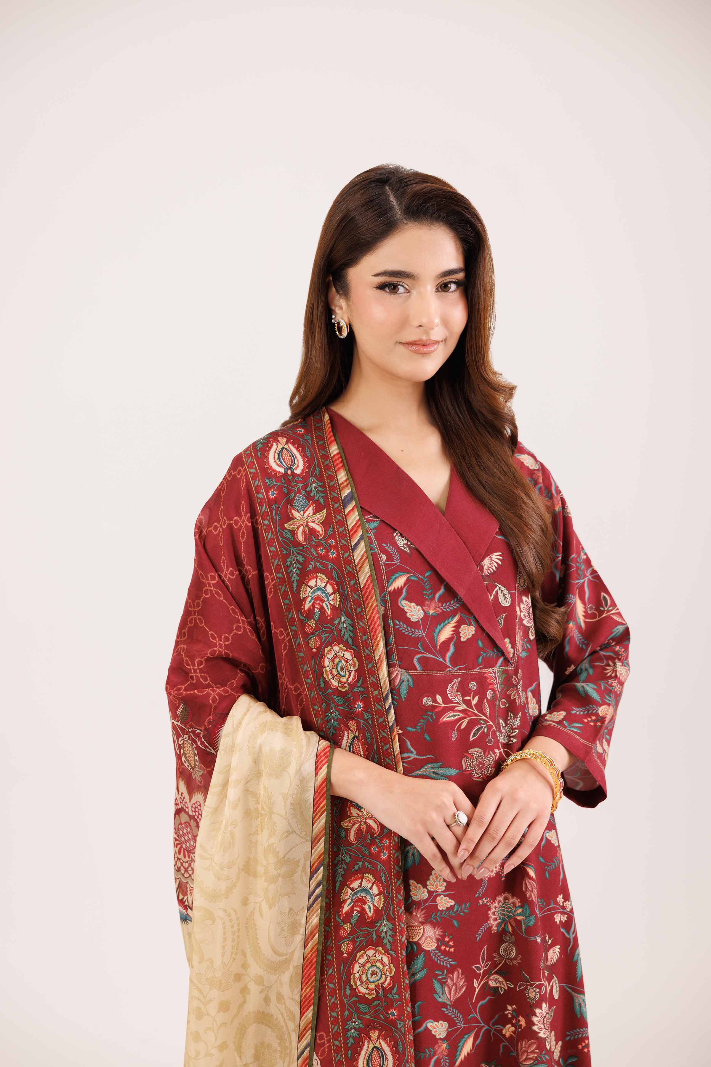 3 Piece - Printed Embroidered Suit - KFW25-100 READY TO WEAR - LUXURY Red Silk 3PC Embroidered