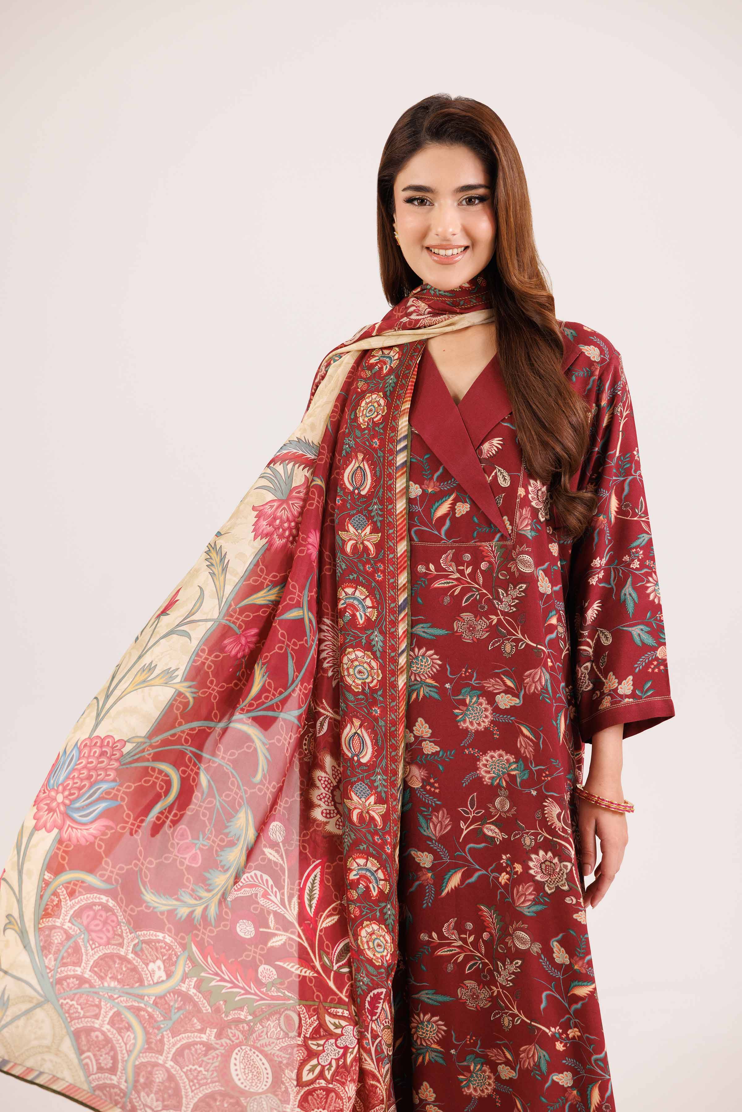 3 Piece - Printed Embroidered Suit - KFW25-100 READY TO WEAR - LUXURY Red Silk 3PC Embroidered