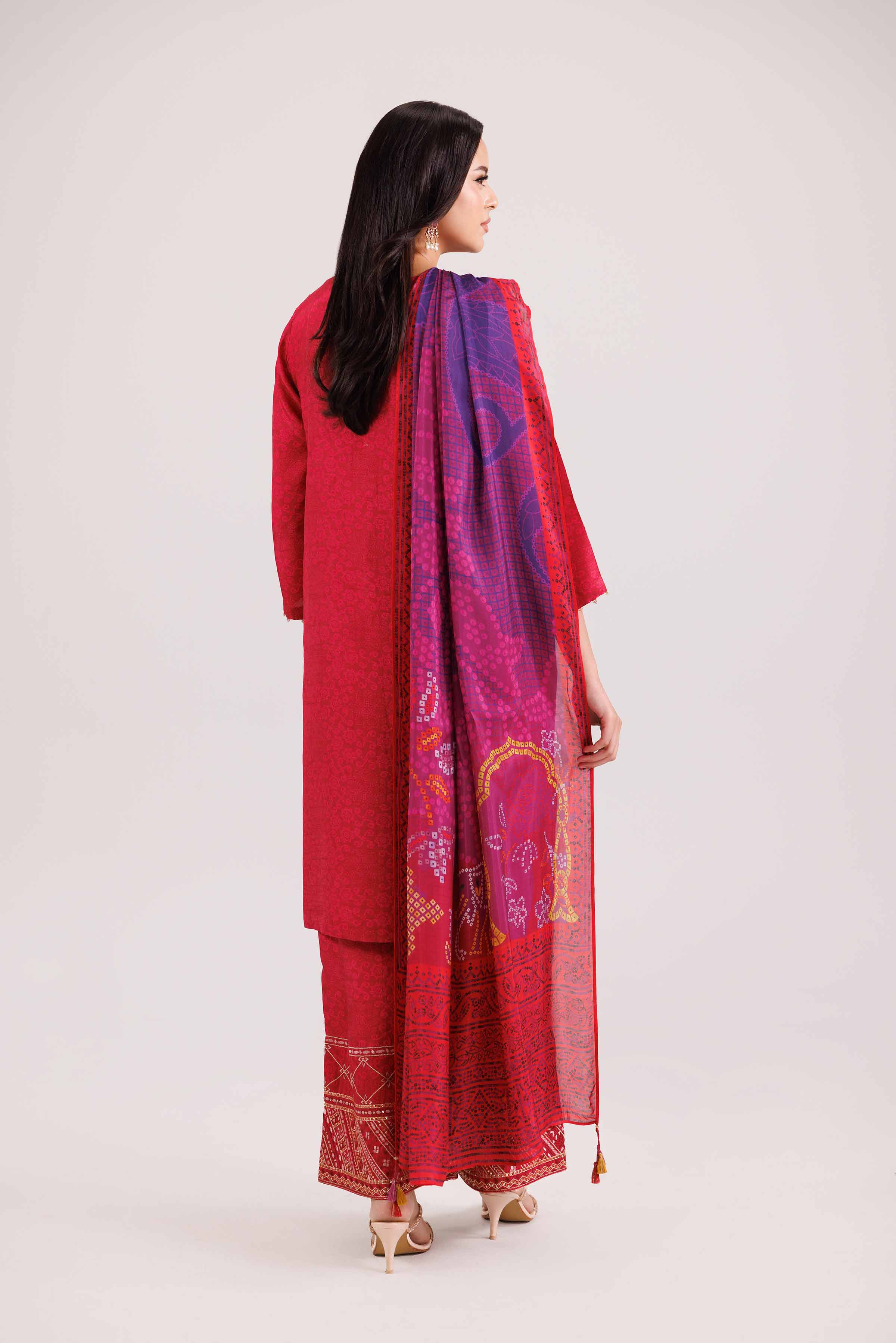 3 Piece - Printed Embroidered Suit - KFW25-103 READY TO WEAR - LUXURY Pink Silk 3PC Embroidered