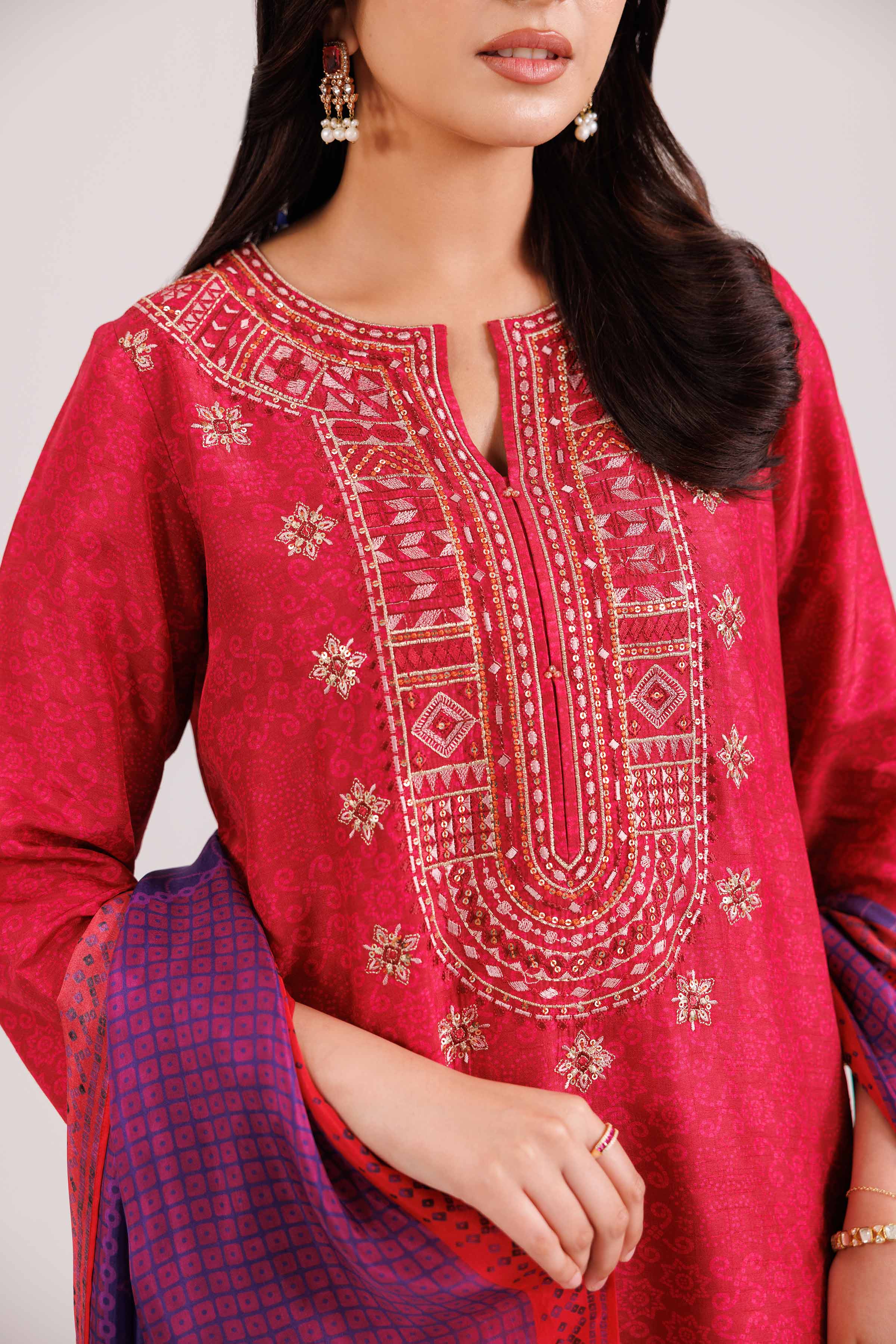 3 Piece - Printed Embroidered Suit - KFW25-103 READY TO WEAR - LUXURY Pink Silk 3PC Embroidered