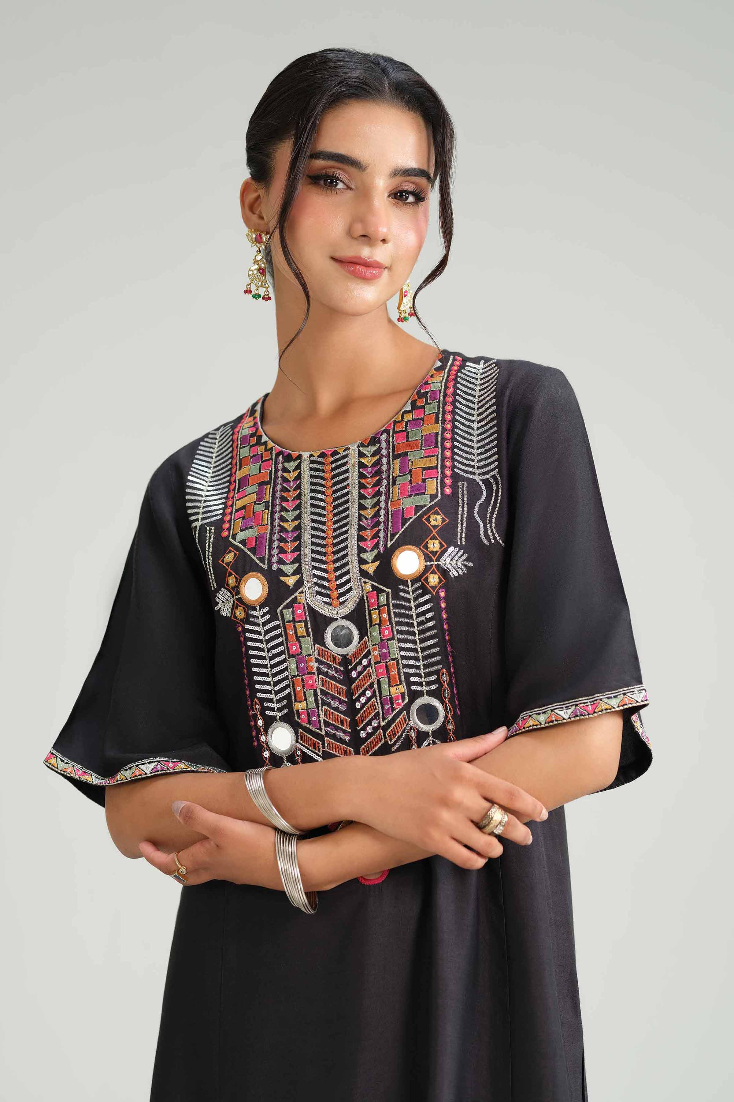 2 Piece - Embroidered Suit - KFW25-105 READY TO WEAR - LUXURY Black Silk 2PC Embroidered