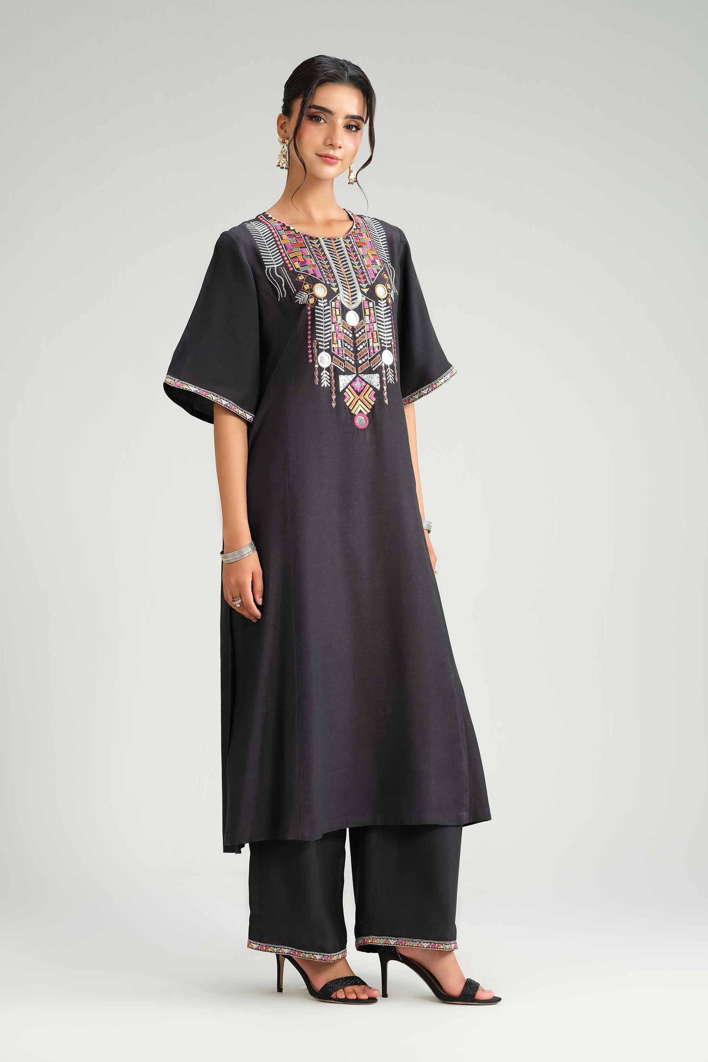 2 Piece - Embroidered Suit - KFW25-105 READY TO WEAR - LUXURY Black Silk 2PC Embroidered