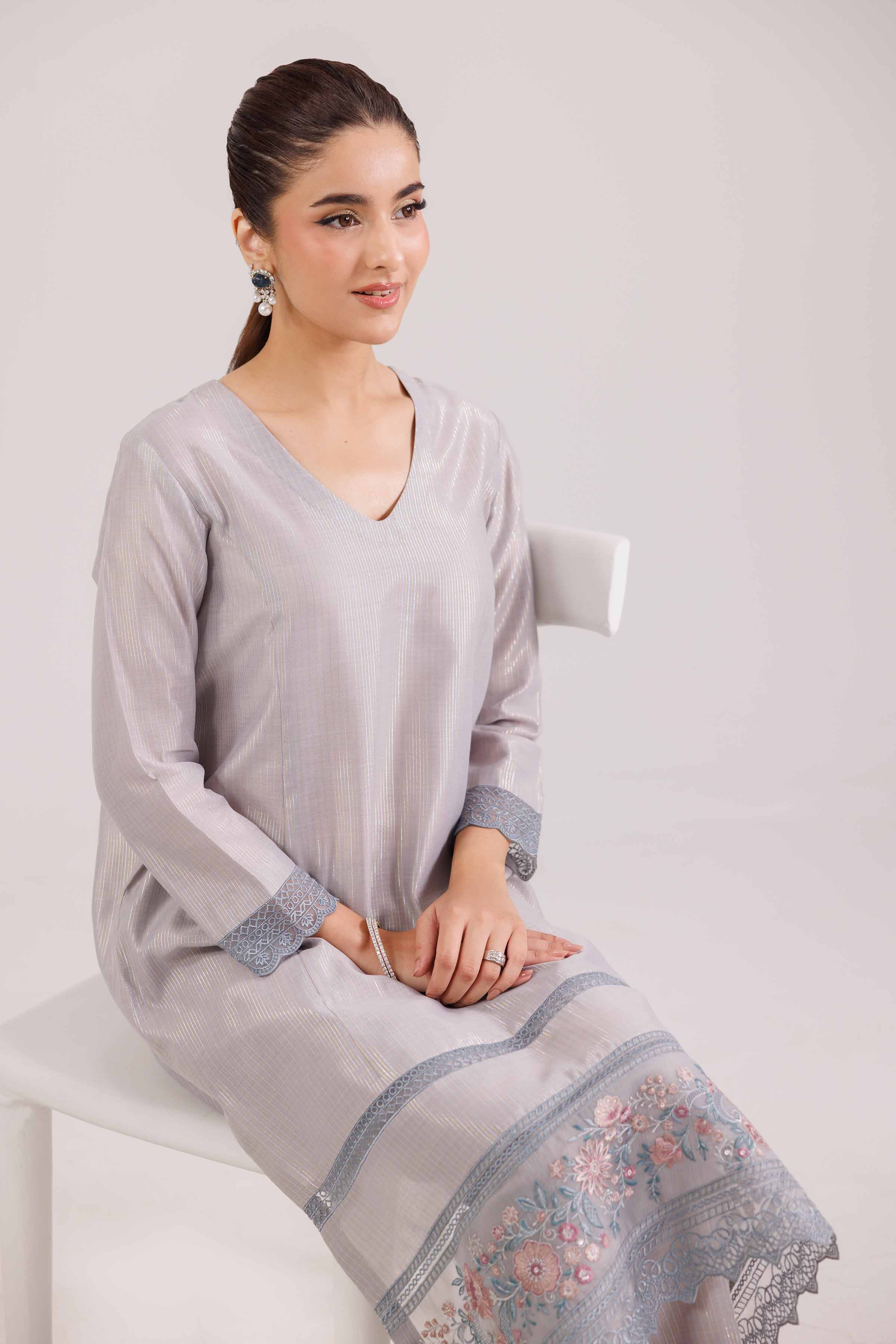 2 Piece - Embroidered Suit - KFW25-138 READY TO WEAR - LUXURY Grey Yarn Dyed 2PC Embroidered