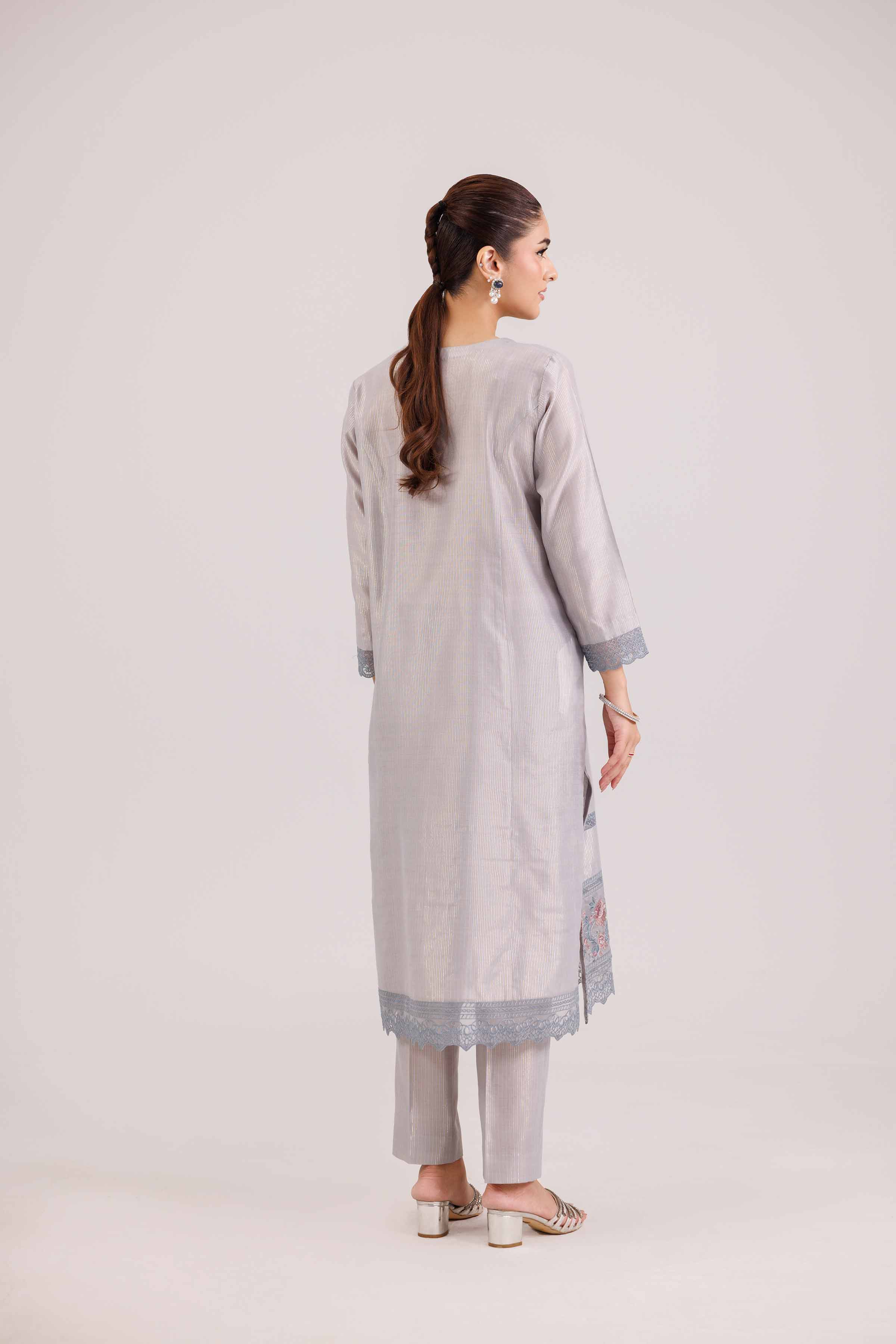 2 Piece - Embroidered Suit - KFW25-138 READY TO WEAR - LUXURY Grey Yarn Dyed 2PC Embroidered