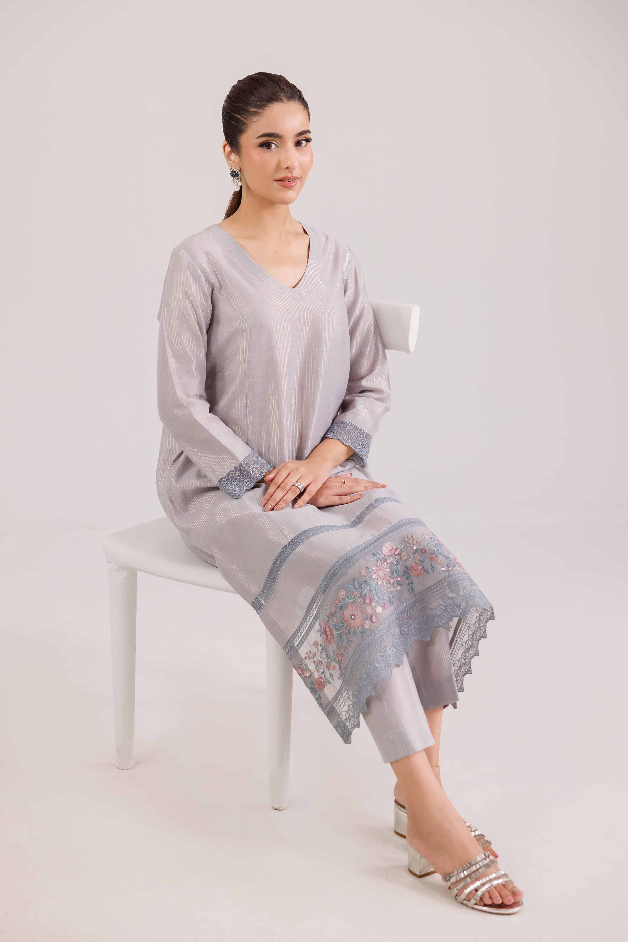 2 Piece - Embroidered Suit - KFW25-138 READY TO WEAR - LUXURY Grey Yarn Dyed 2PC Embroidered
