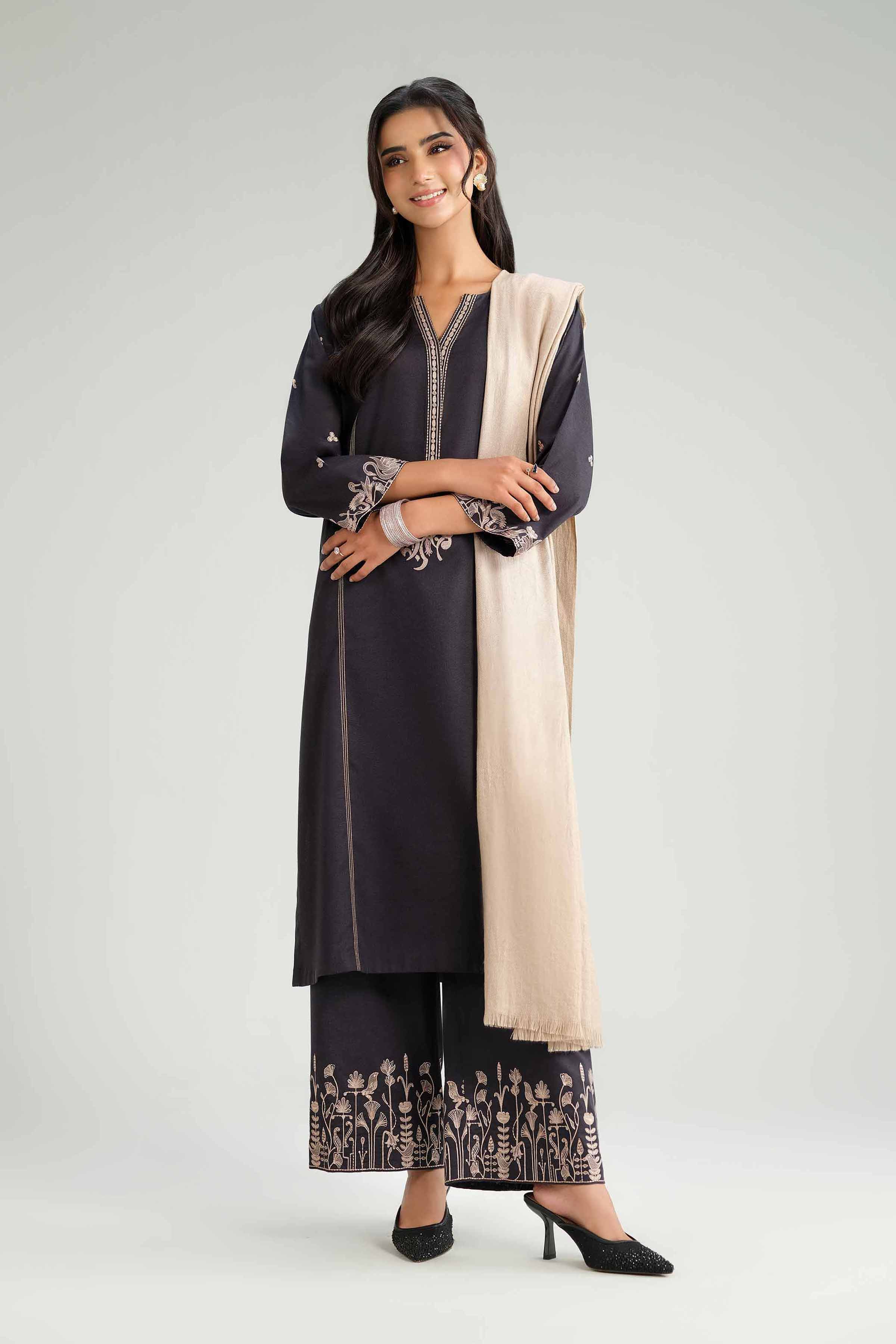 3 Piece - Embroidered Suit - KFW25-160 READY TO WEAR - LUXURY Black Karandi 3PC Embroidered