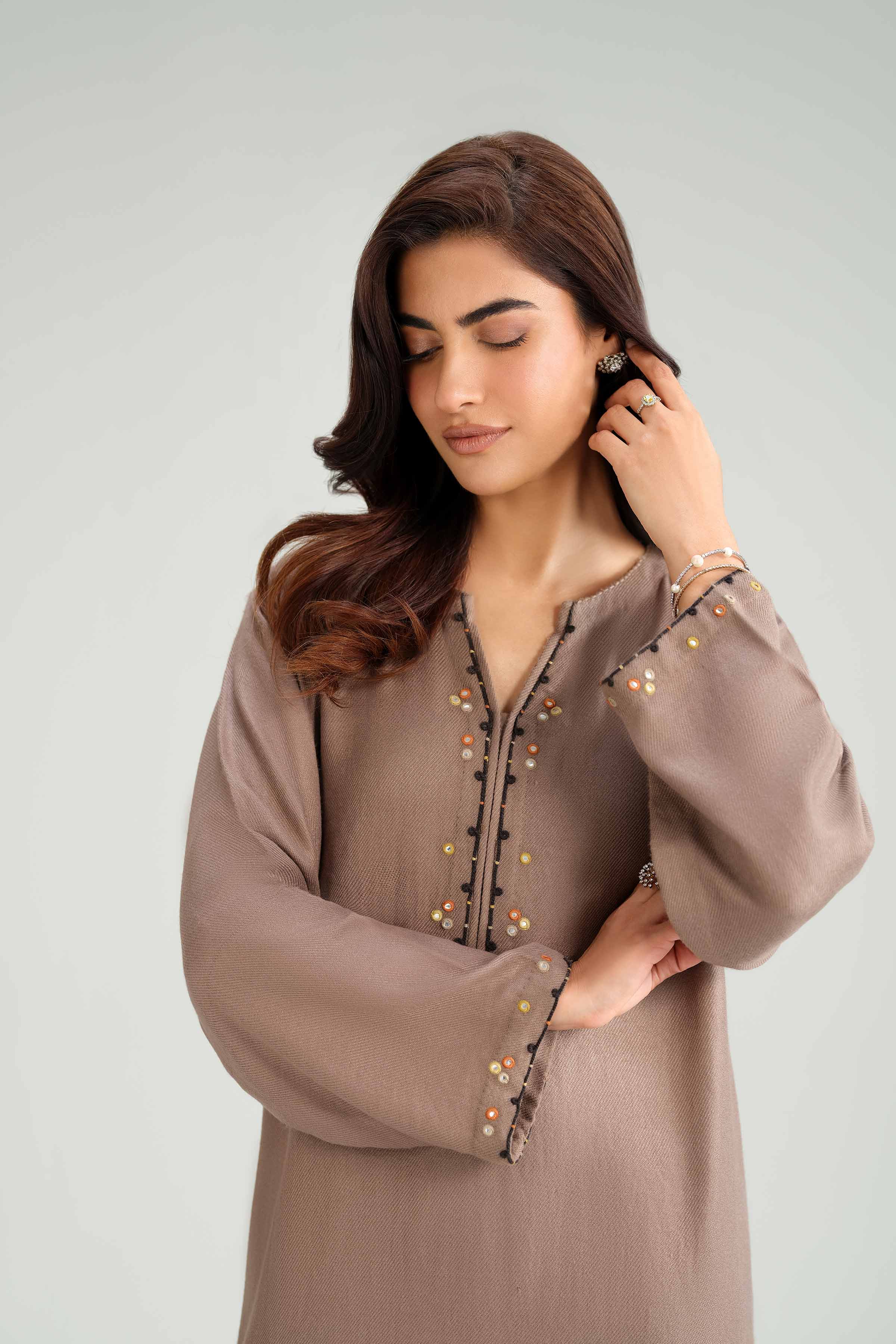 2 Piece - Embroidered Suit - KFW25-200 READY TO WEAR - LUXURY Brown Wool 2PC Embroidered