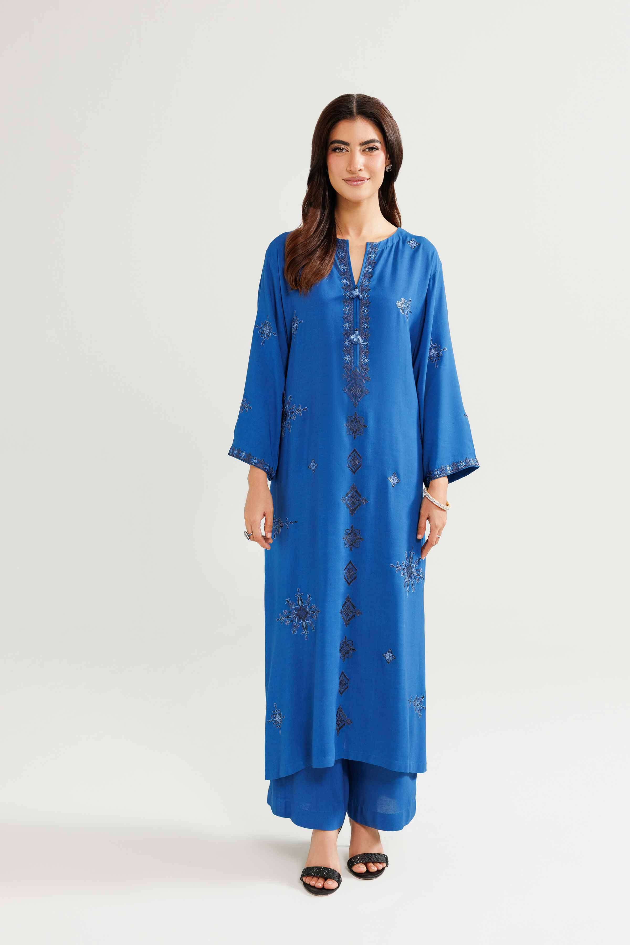 2 Piece - Embroidered Suit - KFW25-212 READY TO WEAR - LUXURY Blue Linen 2PC Embroidered