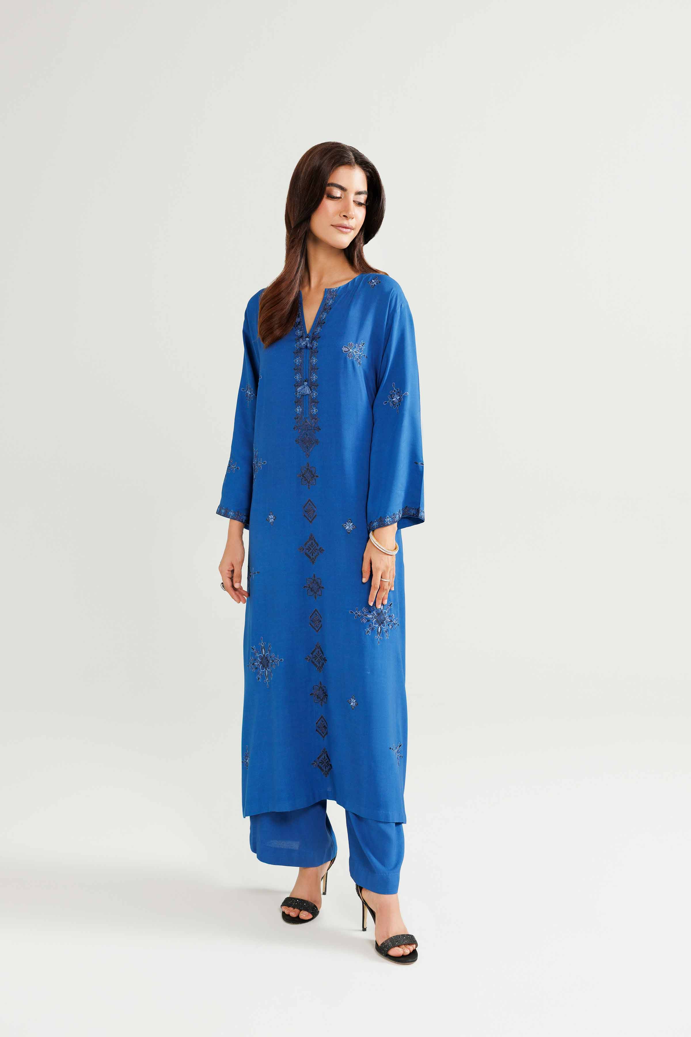 2 Piece - Embroidered Suit - KFW25-212 READY TO WEAR - LUXURY Blue Linen 2PC Embroidered