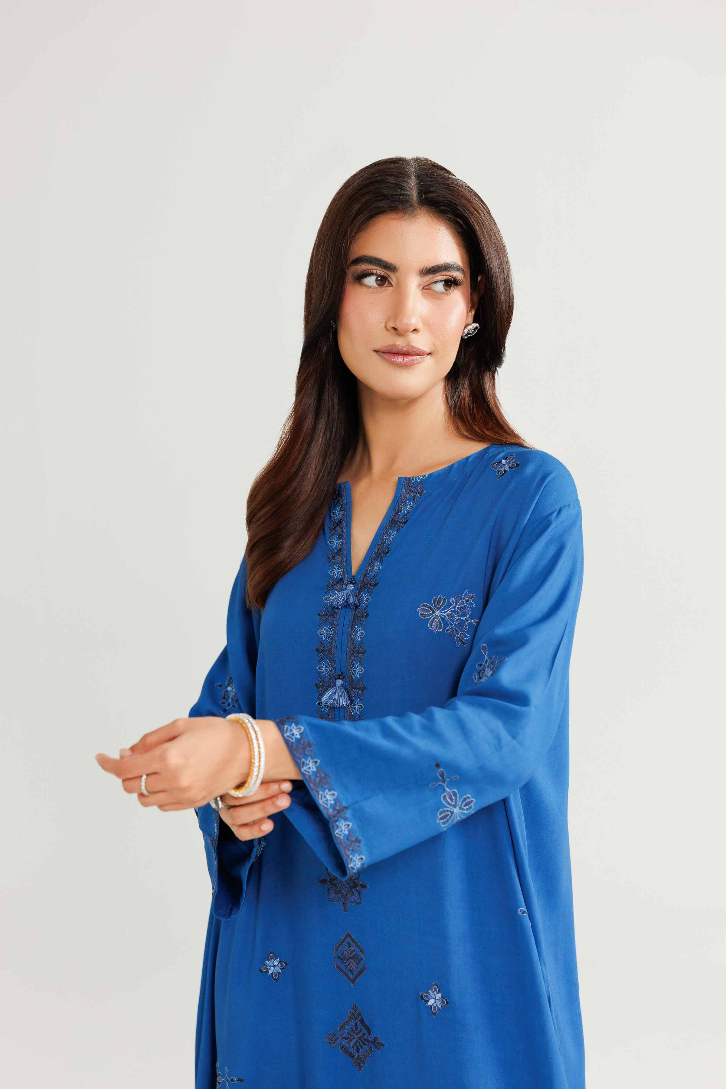2 Piece - Embroidered Suit - KFW25-212 READY TO WEAR - LUXURY Blue Linen 2PC Embroidered
