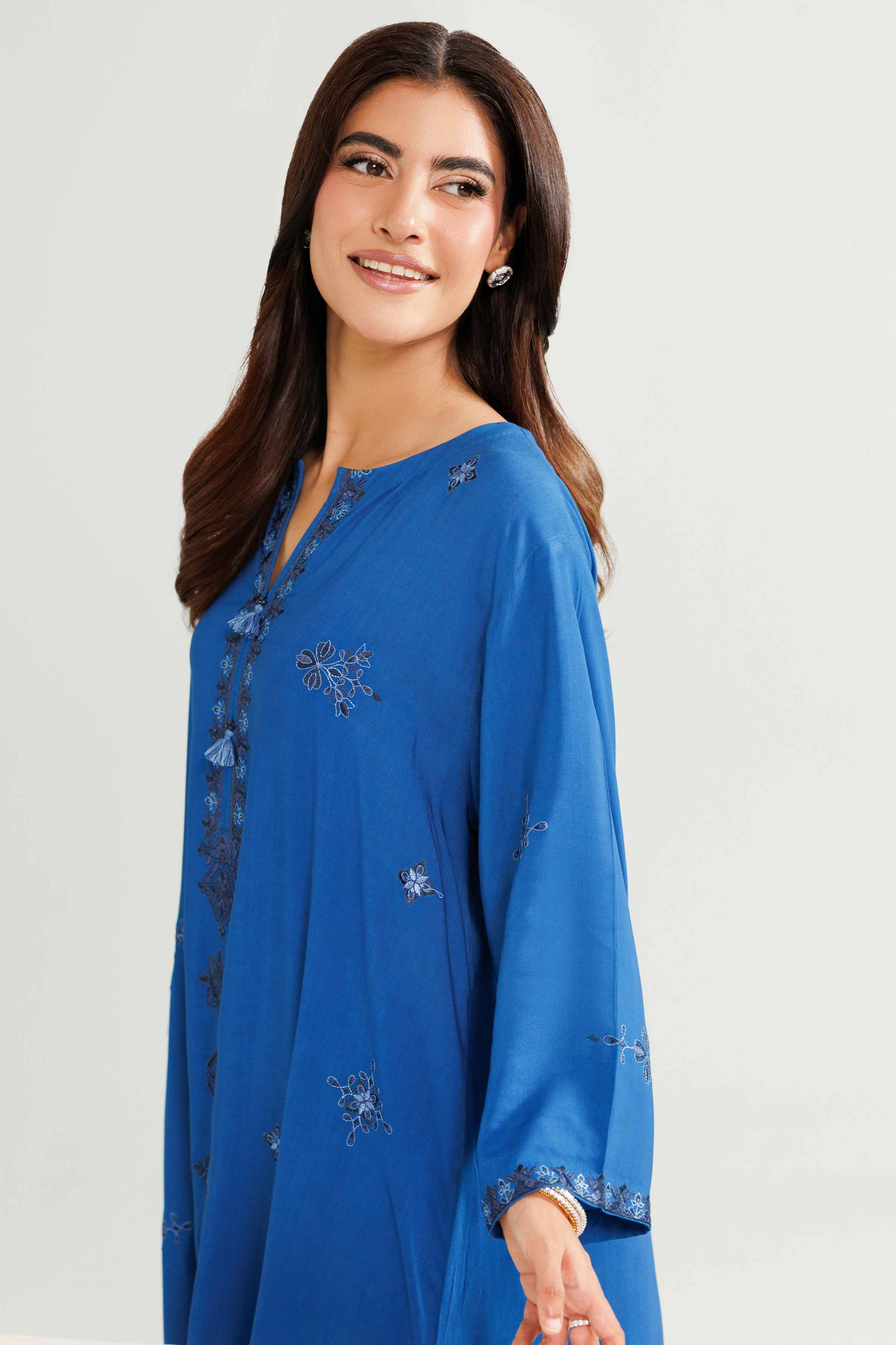 2 Piece - Embroidered Suit - KFW25-212 READY TO WEAR - LUXURY Blue Linen 2PC Embroidered