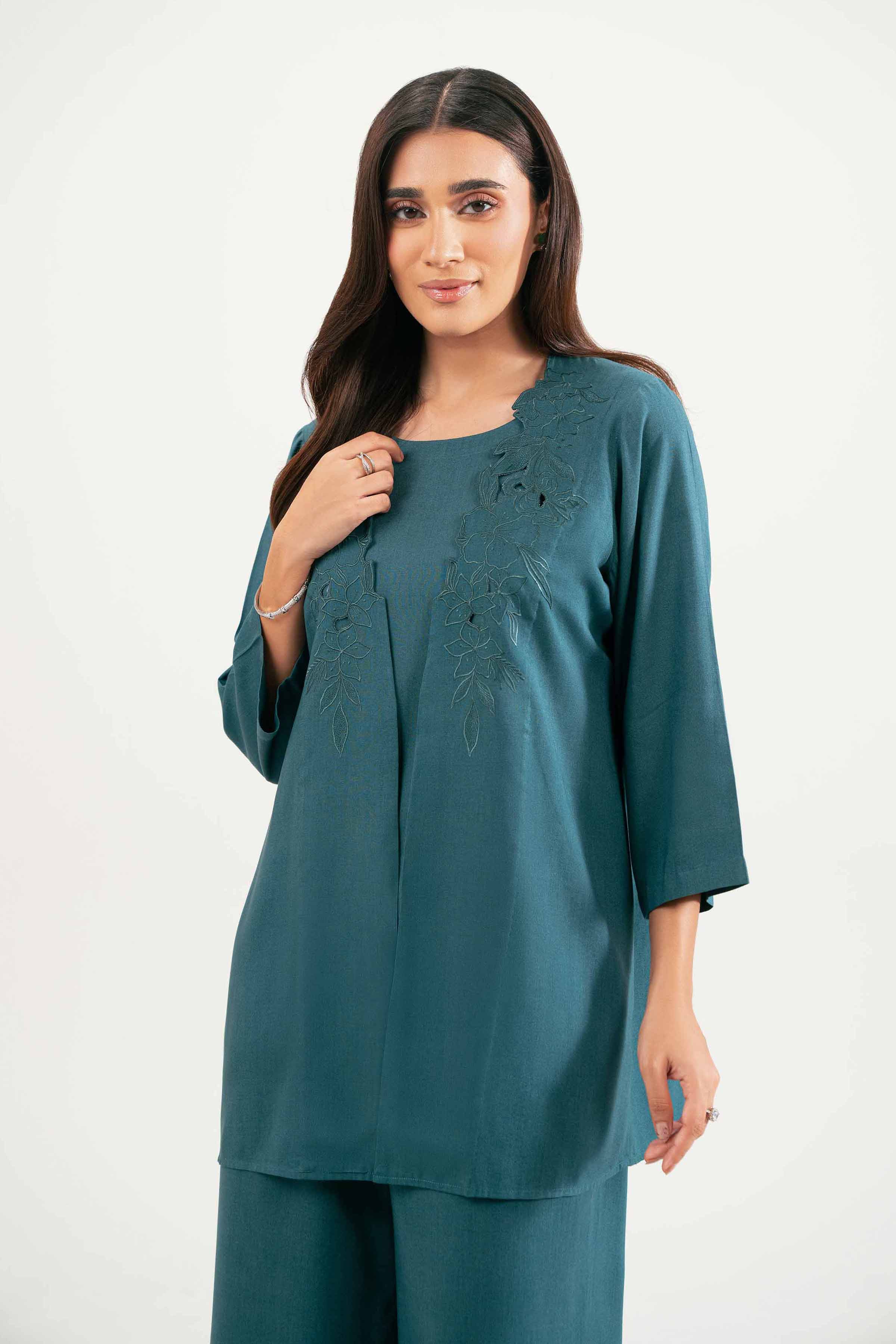 3 Piece - Embroidered Suit - KFW25-213 READY TO WEAR - LUXURY Blue Linen 3PC Embroidered