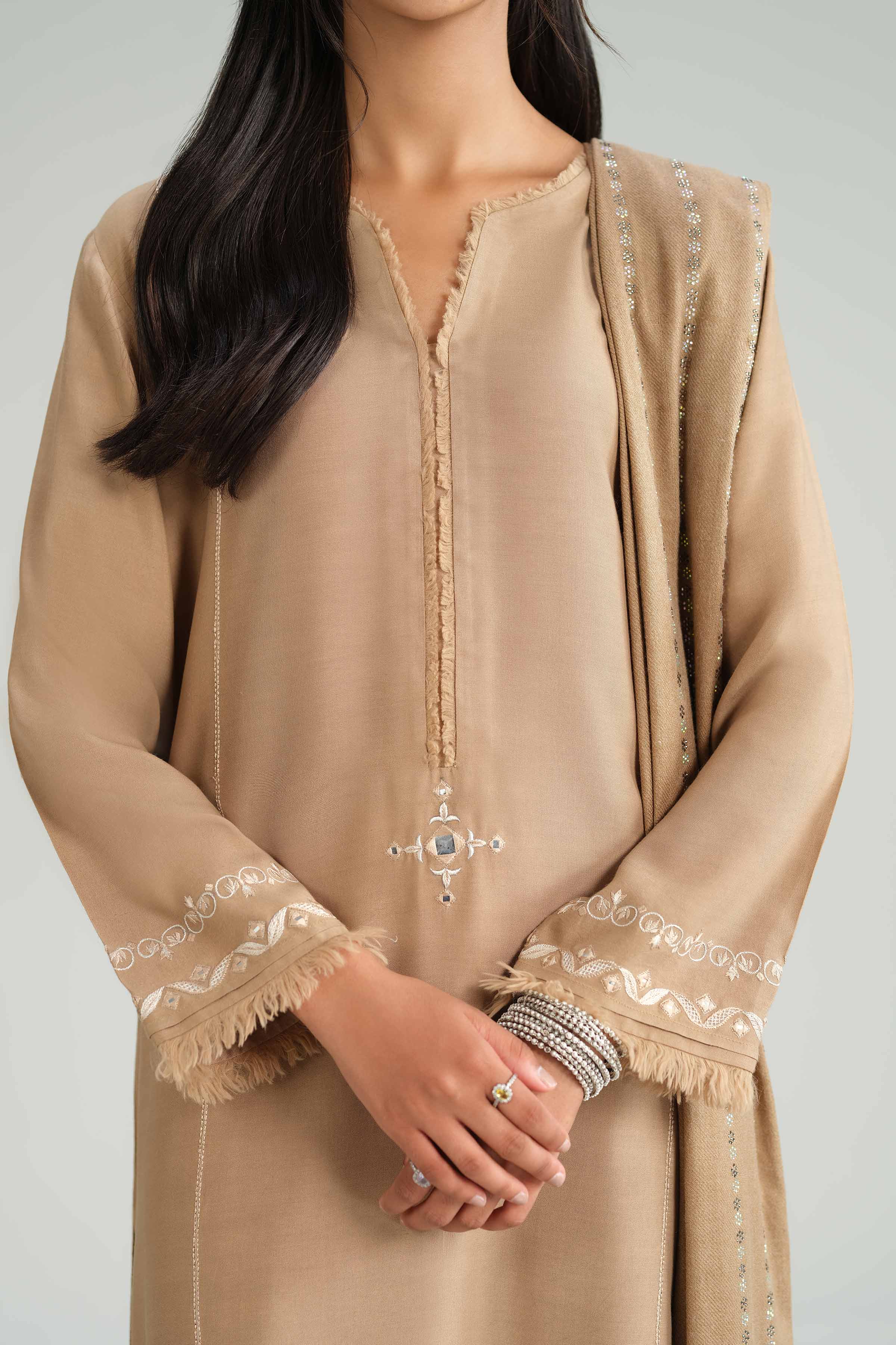 3 Piece - Embroidered Suit - KFW25-67 READY TO WEAR - LUXURY Brown Silk 3PC Embroidered
