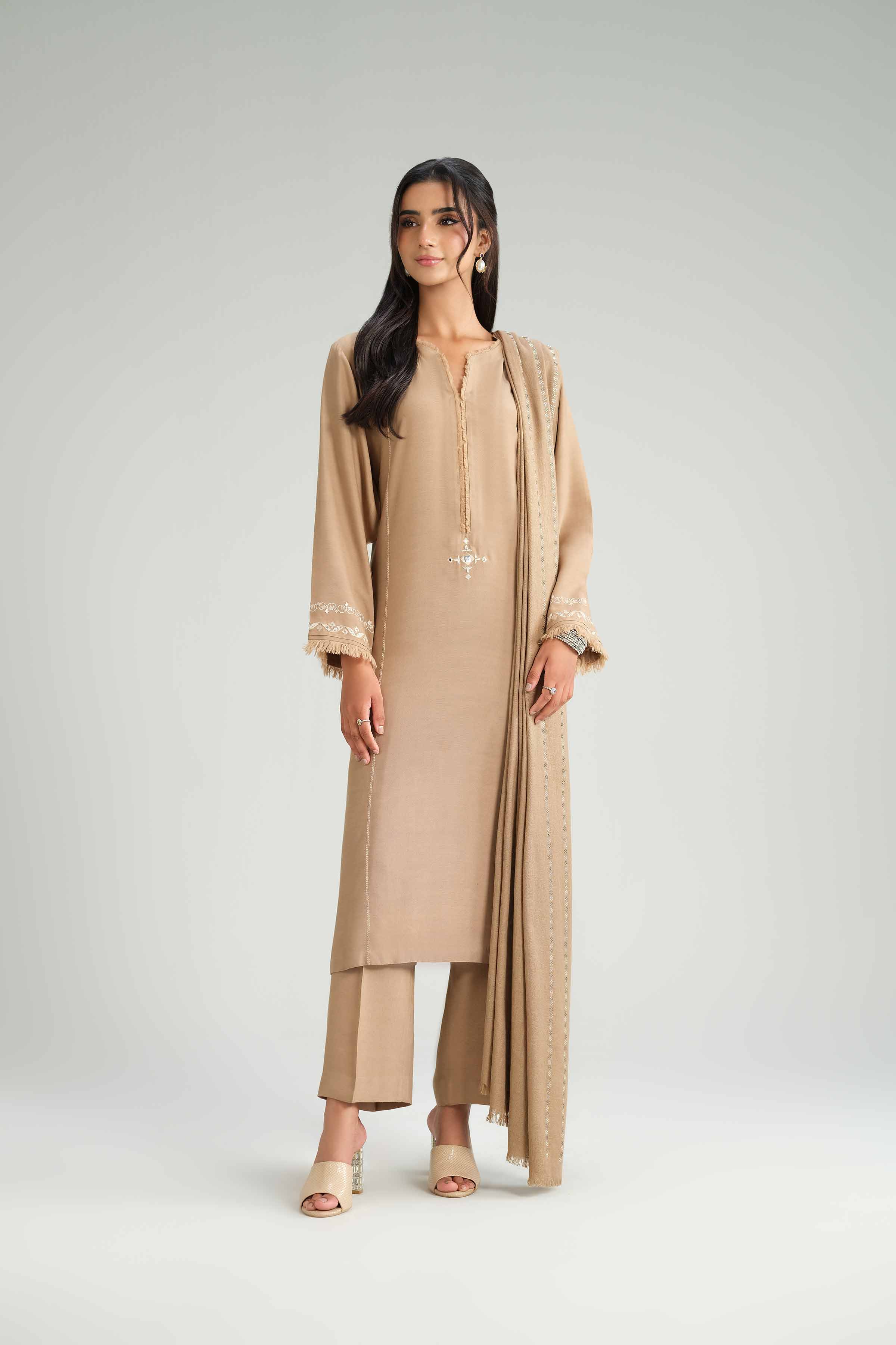 3 Piece - Embroidered Suit - KFW25-67 READY TO WEAR - LUXURY Brown Silk 3PC Embroidered