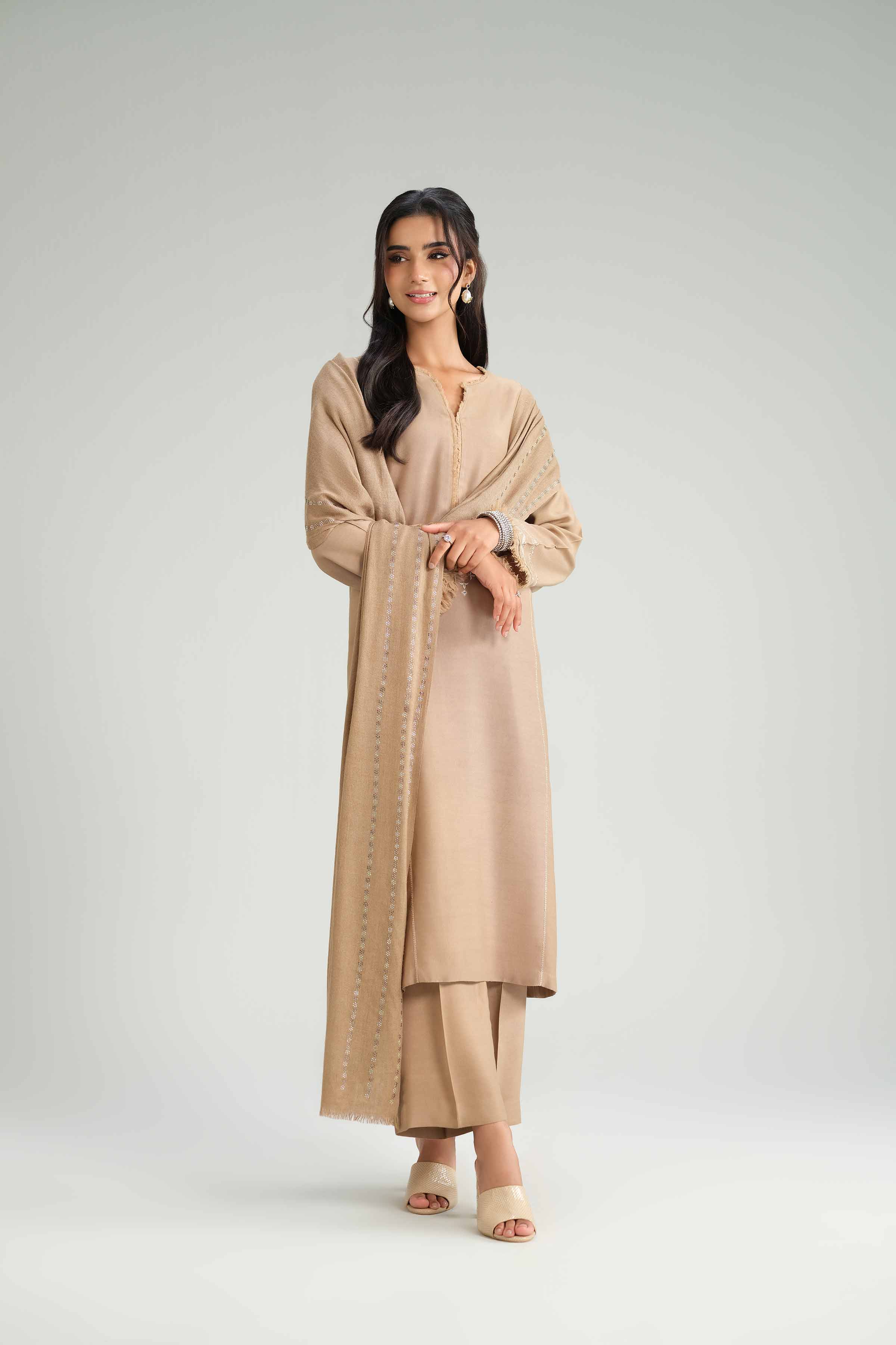 3 Piece - Embroidered Suit - KFW25-67 READY TO WEAR - LUXURY Brown Silk 3PC Embroidered