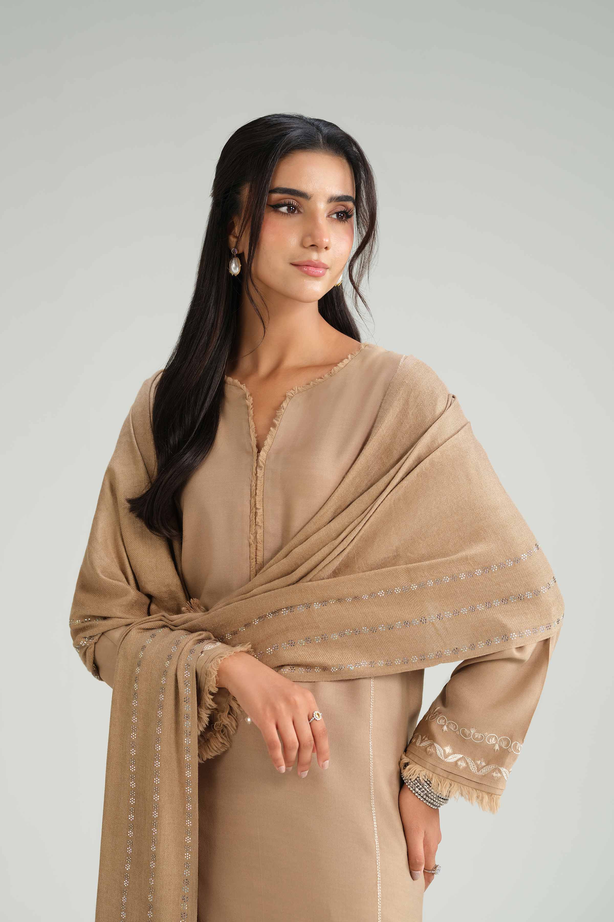 3 Piece - Embroidered Suit - KFW25-67 READY TO WEAR - LUXURY Brown Silk 3PC Embroidered