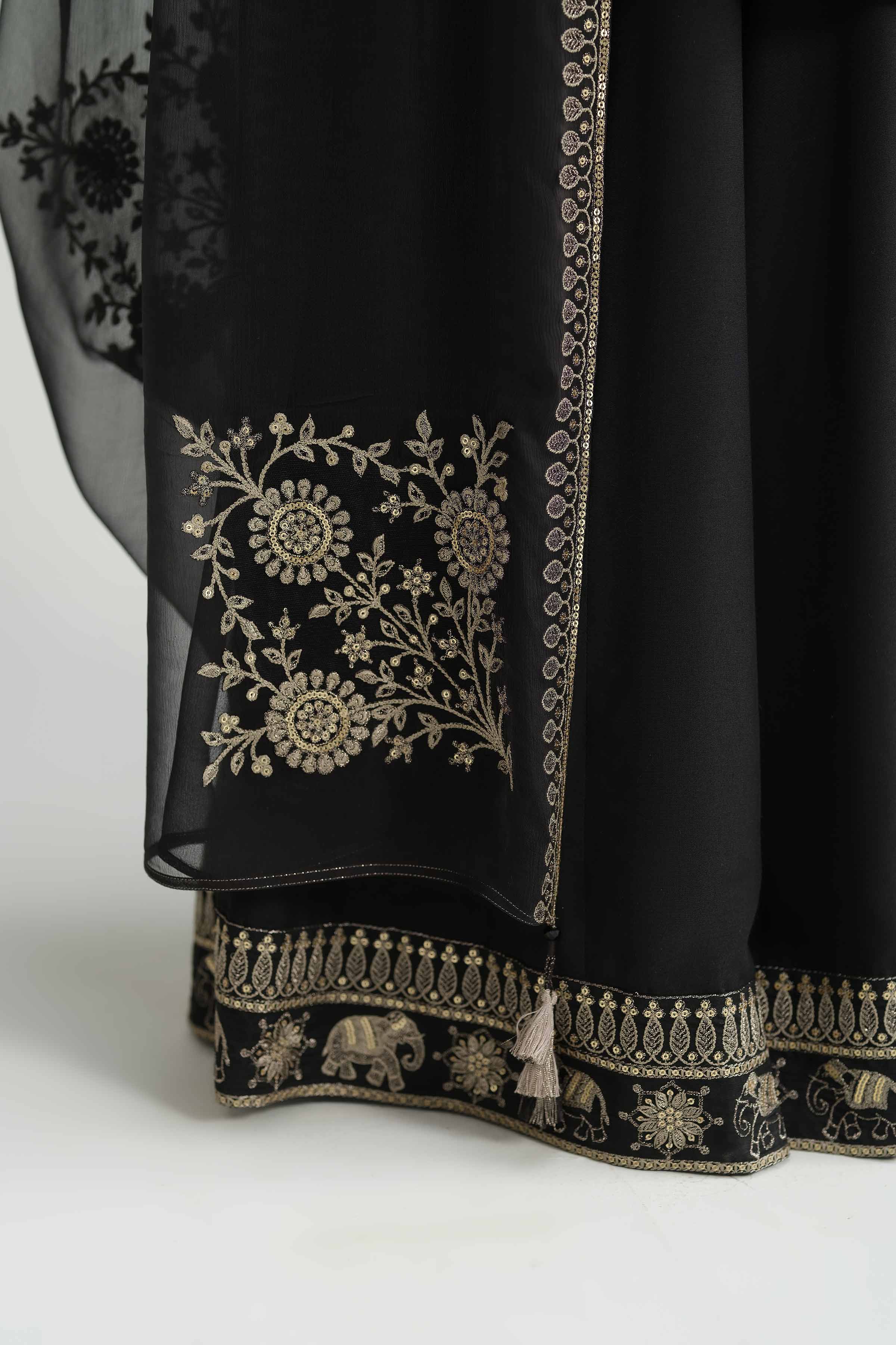 3 Piece - Embroidered Suit - KFW25-68 READY TO WEAR - LUXURY Black Silk 3PC Embroidered