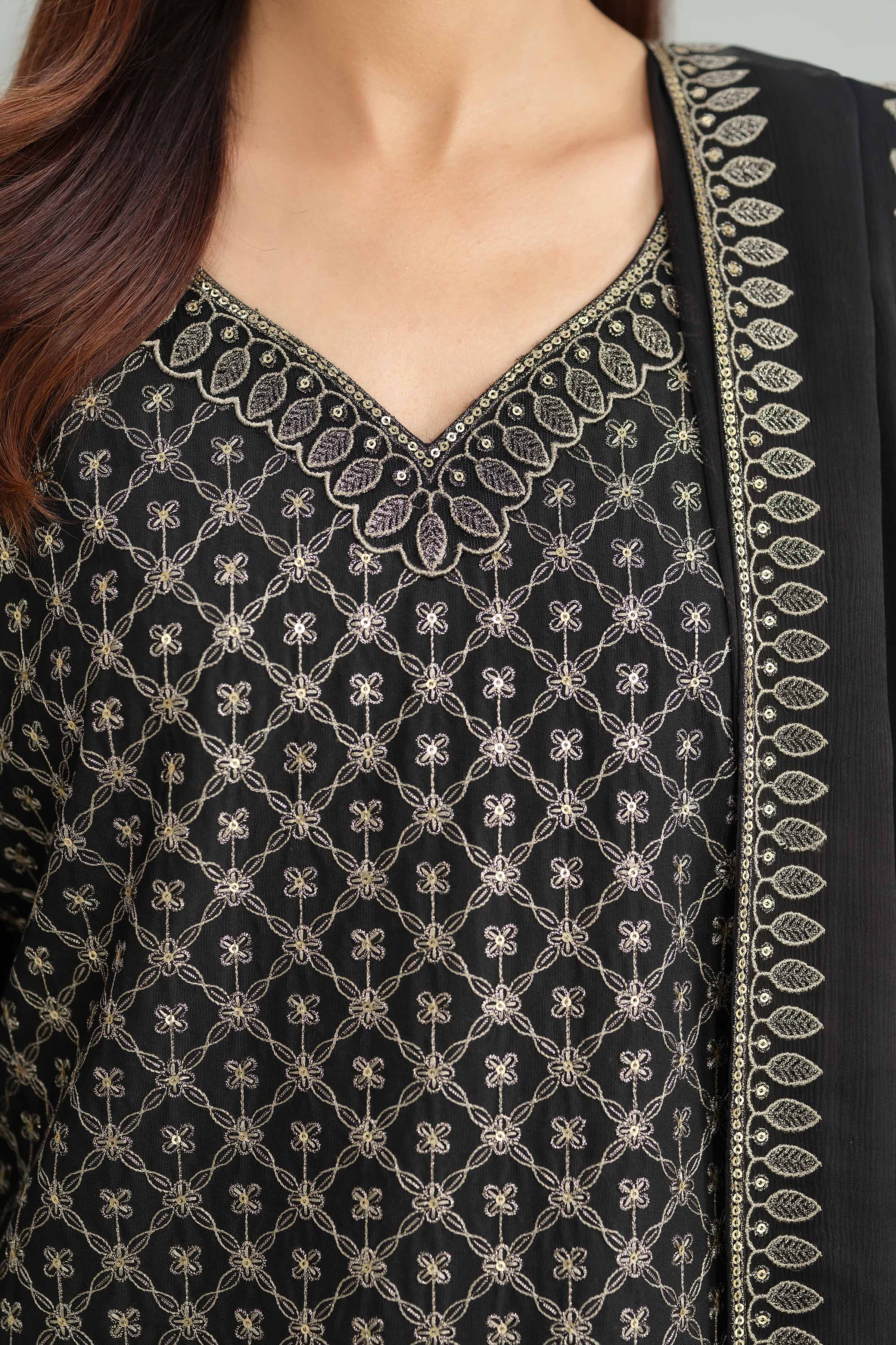 3 Piece - Embroidered Suit - KFW25-68 READY TO WEAR - LUXURY Black Silk 3PC Embroidered
