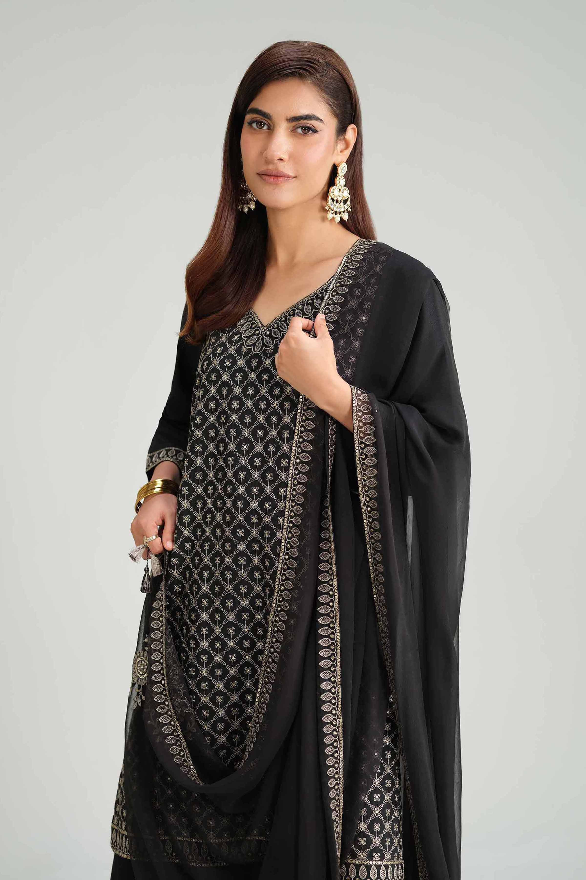 3 Piece - Embroidered Suit - KFW25-68 READY TO WEAR - LUXURY Black Silk 3PC Embroidered