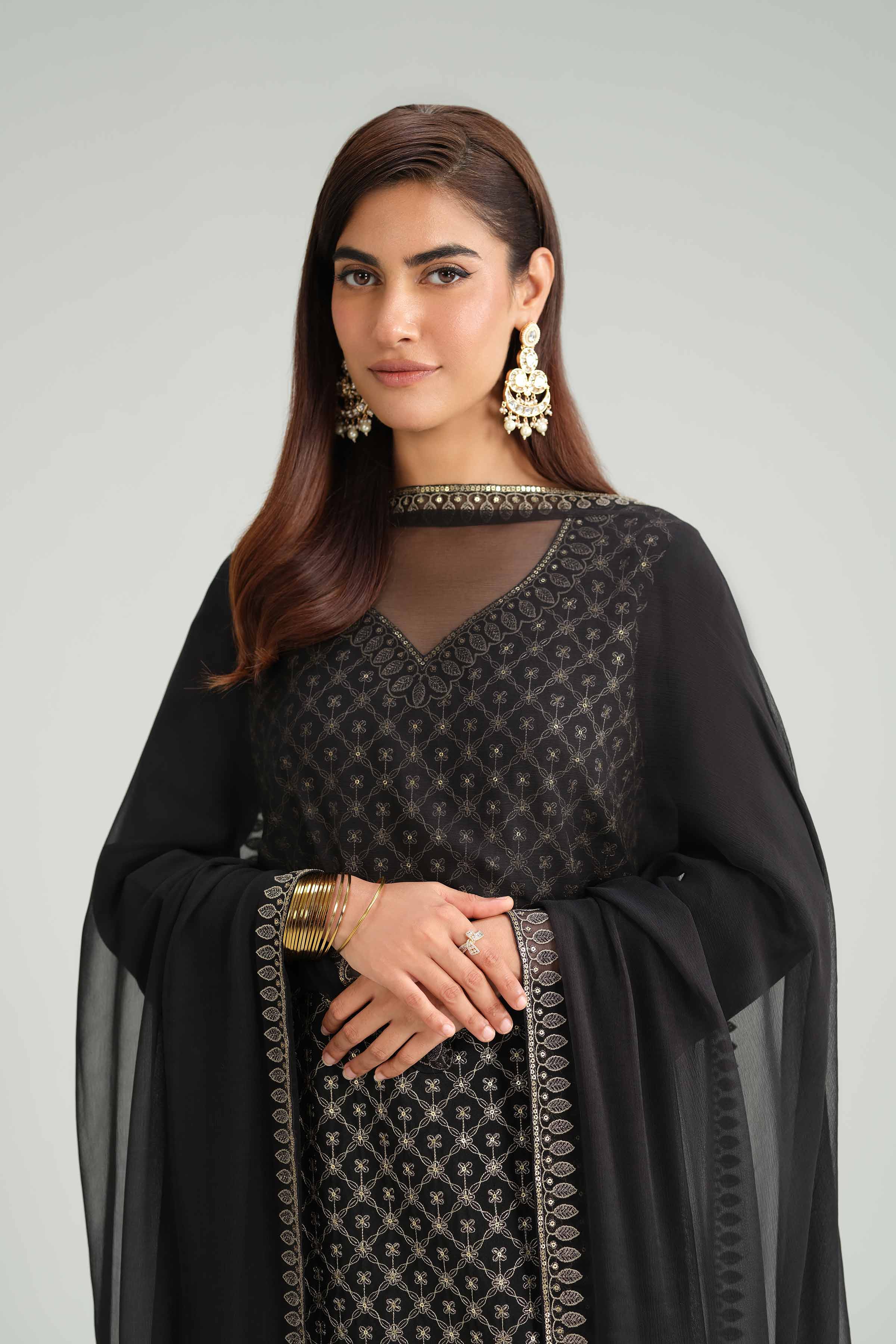 3 Piece - Embroidered Suit - KFW25-68 READY TO WEAR - LUXURY Black Silk 3PC Embroidered