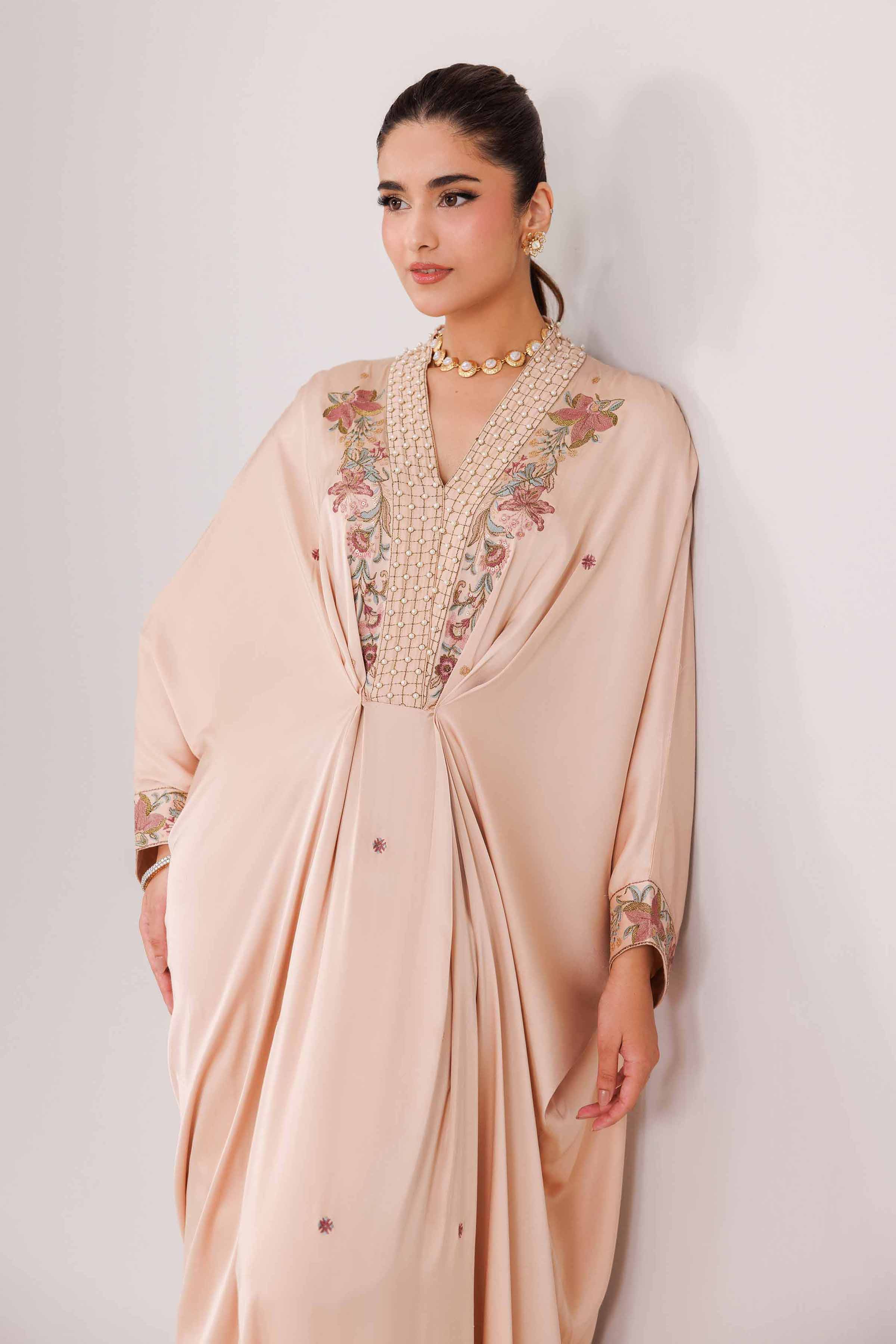 2 Piece - Embroidered Suit - KFW25-70 READY TO WEAR - LUXURY Beige Silk 2PC Embroidered