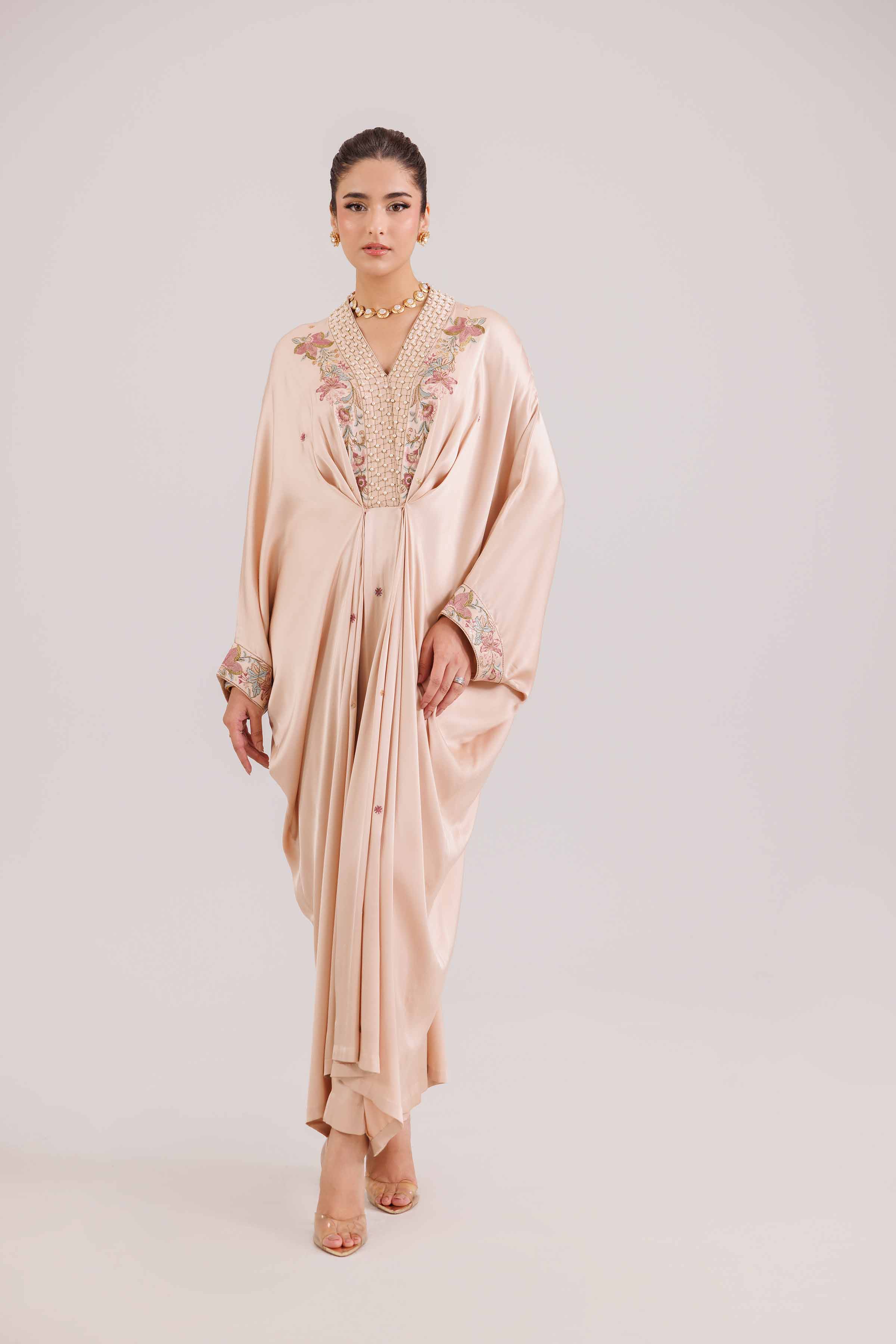 2 Piece - Embroidered Suit - KFW25-70 READY TO WEAR - LUXURY Beige Silk 2PC Embroidered