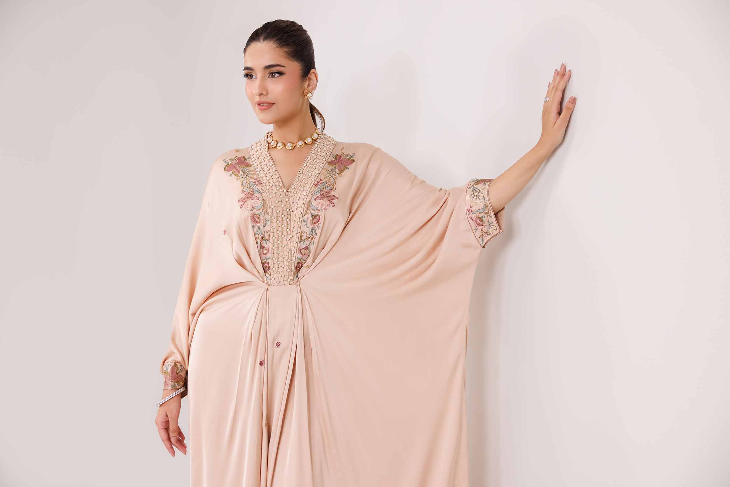 2 Piece - Embroidered Suit - KFW25-70 READY TO WEAR - LUXURY Beige Silk 2PC Embroidered