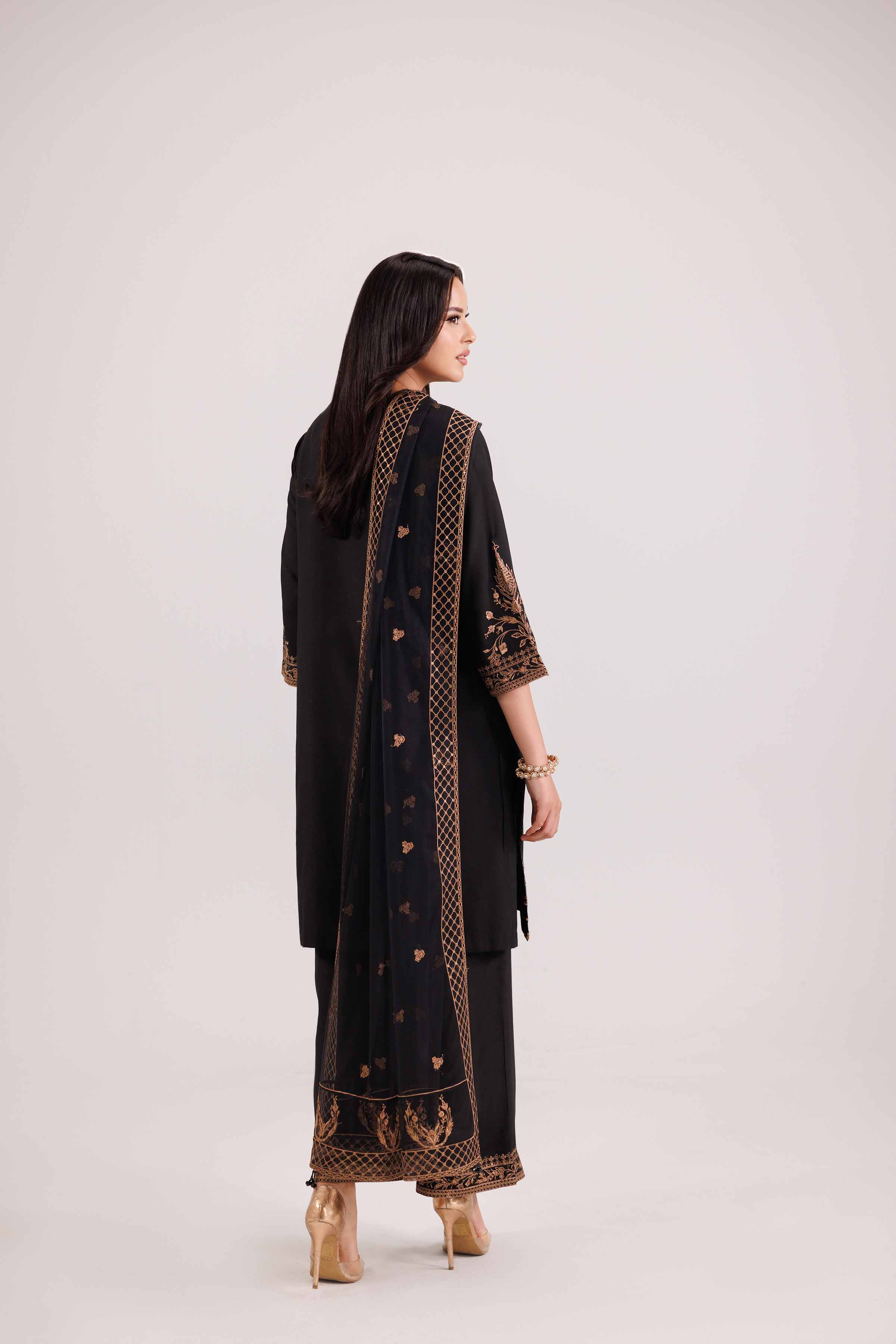 3 Piece - Embroidered Suit - KFW25-75 READY TO WEAR - LUXURY Black Silk 3PC Embroidered