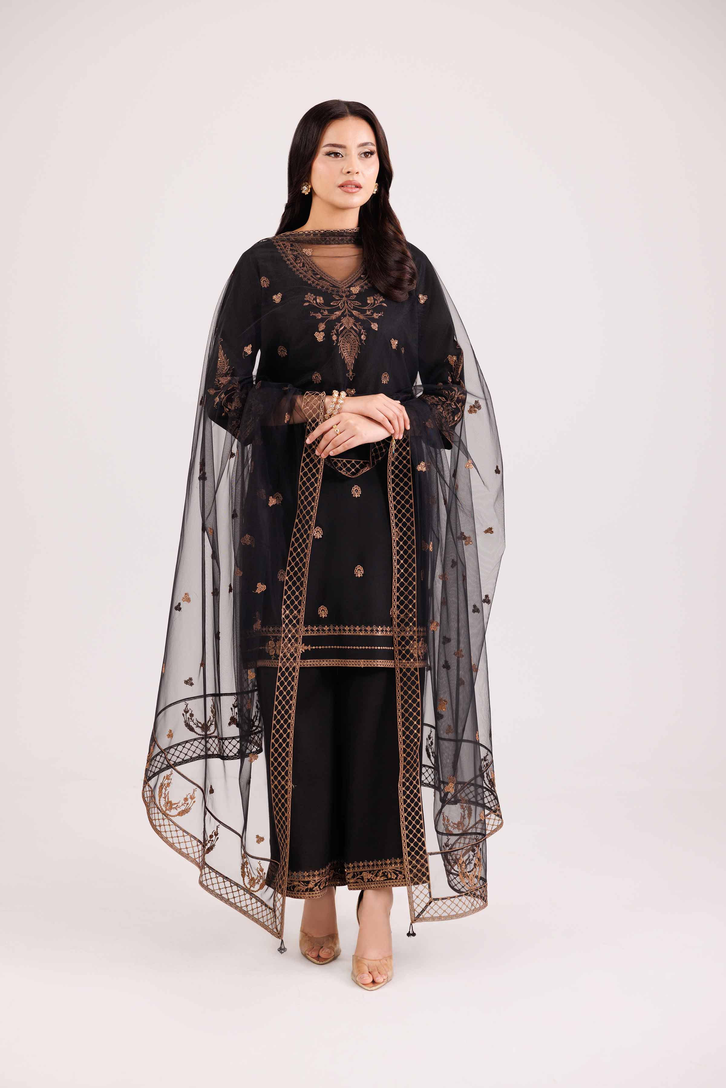 3 Piece - Embroidered Suit - KFW25-75 READY TO WEAR - LUXURY Black Silk 3PC Embroidered