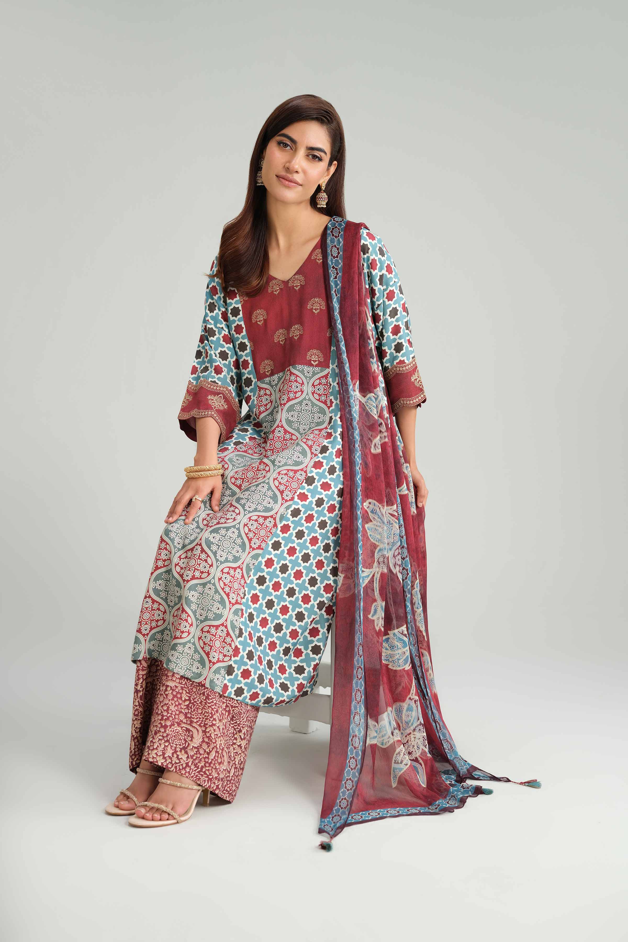 3 Piece - Printed Embroidered Suit - KFW25-80 READY TO WEAR - LUXURY Multi Silk 3PC Embroidered