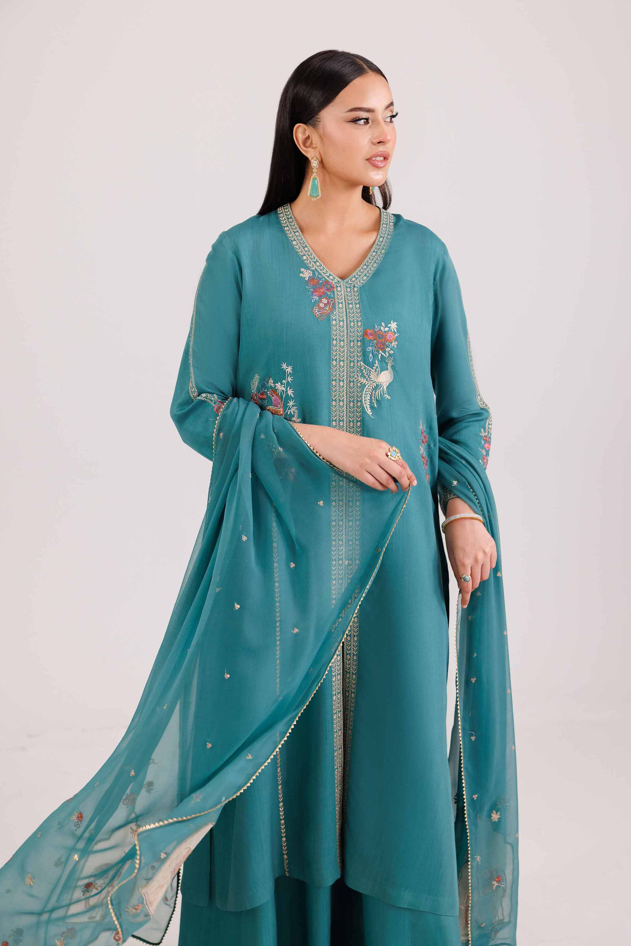 3 Piece - Embroidered Suit - KFW25-84 READY TO WEAR - LUXURY Green Viscose 3PC Embroidered