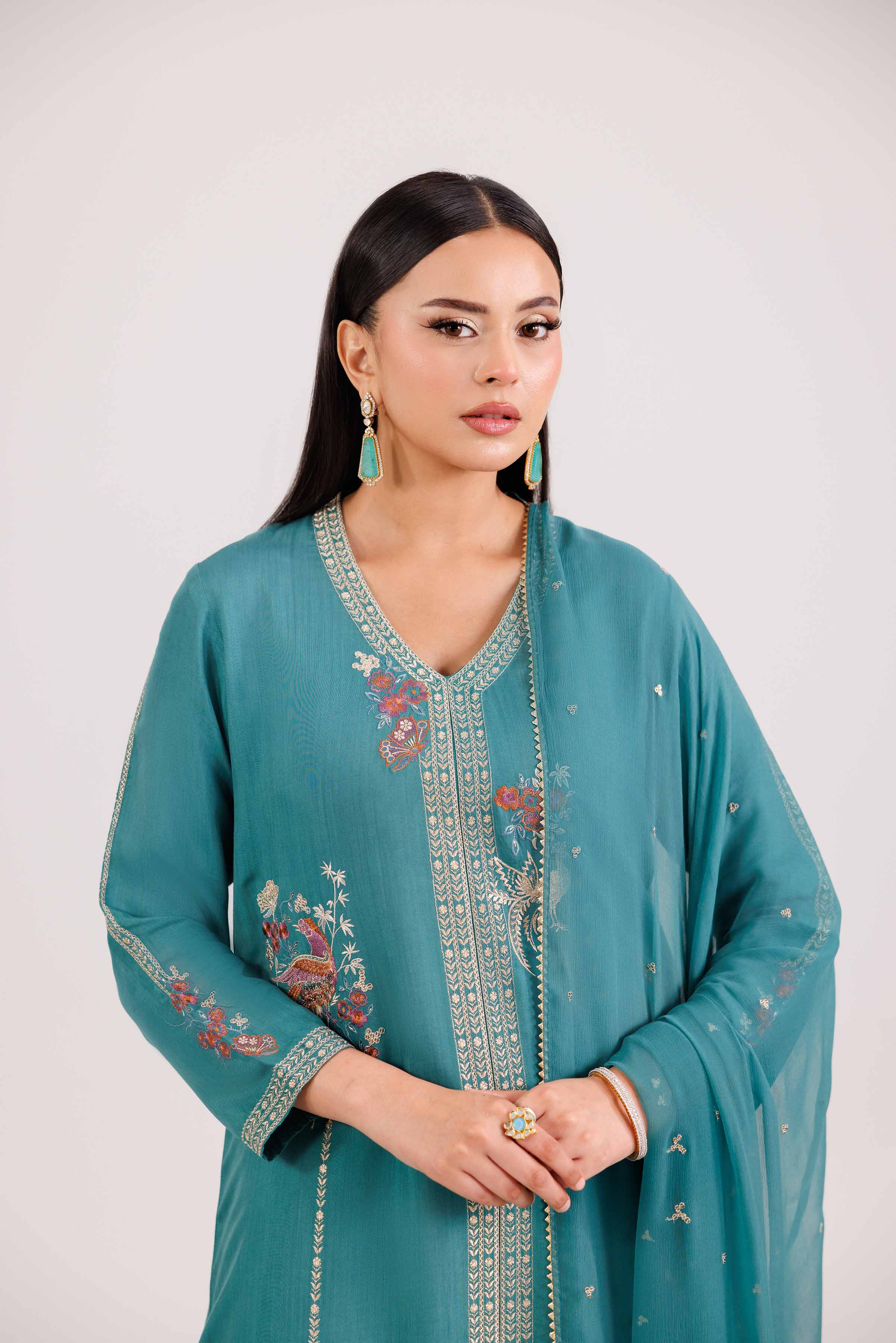 3 Piece - Embroidered Suit - KFW25-84 READY TO WEAR - LUXURY Green Viscose 3PC Embroidered
