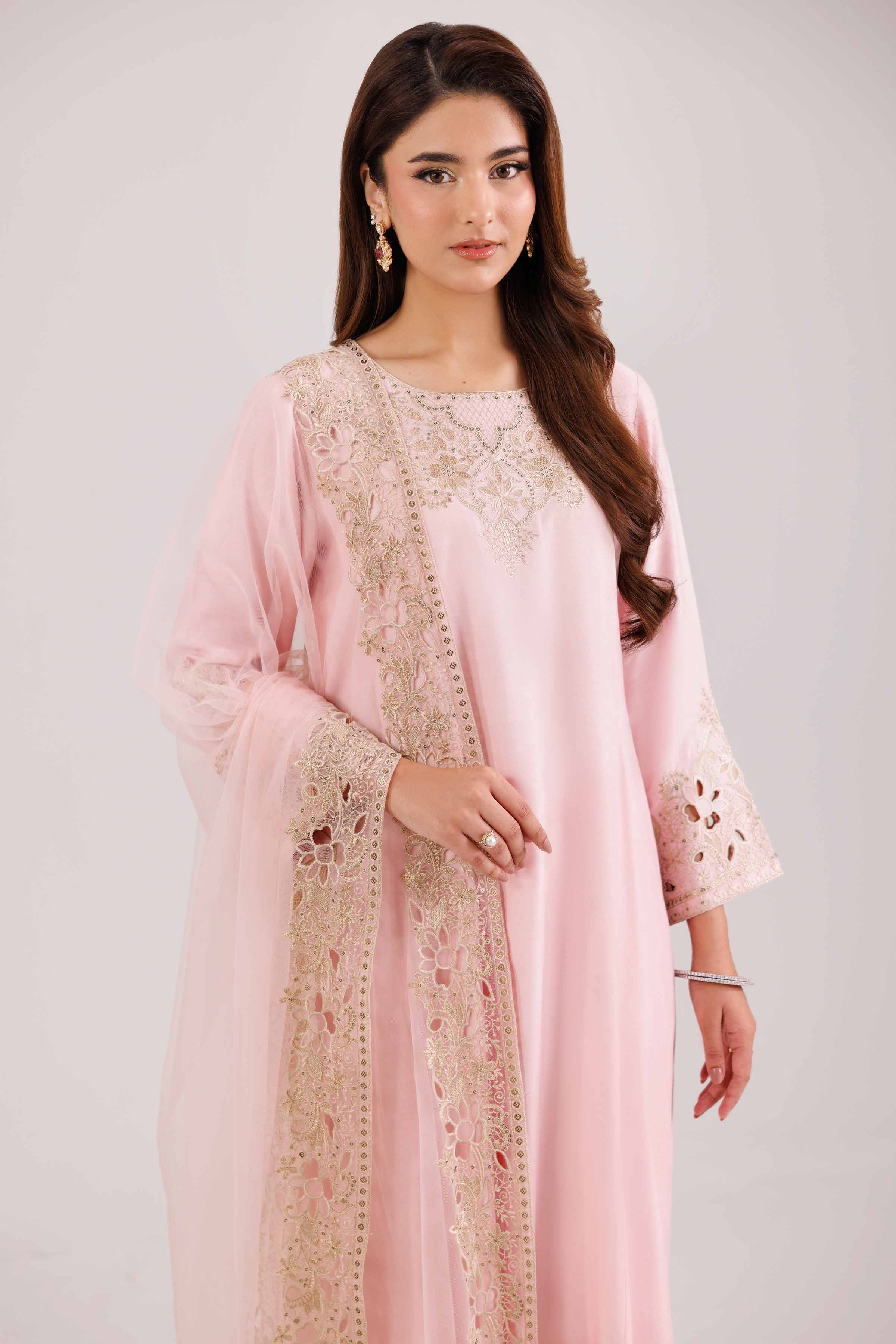 3 Piece - Embroidered Suit - KFW25-87 READY TO WEAR - LUXURY Pink Silk 3PC Embroidered