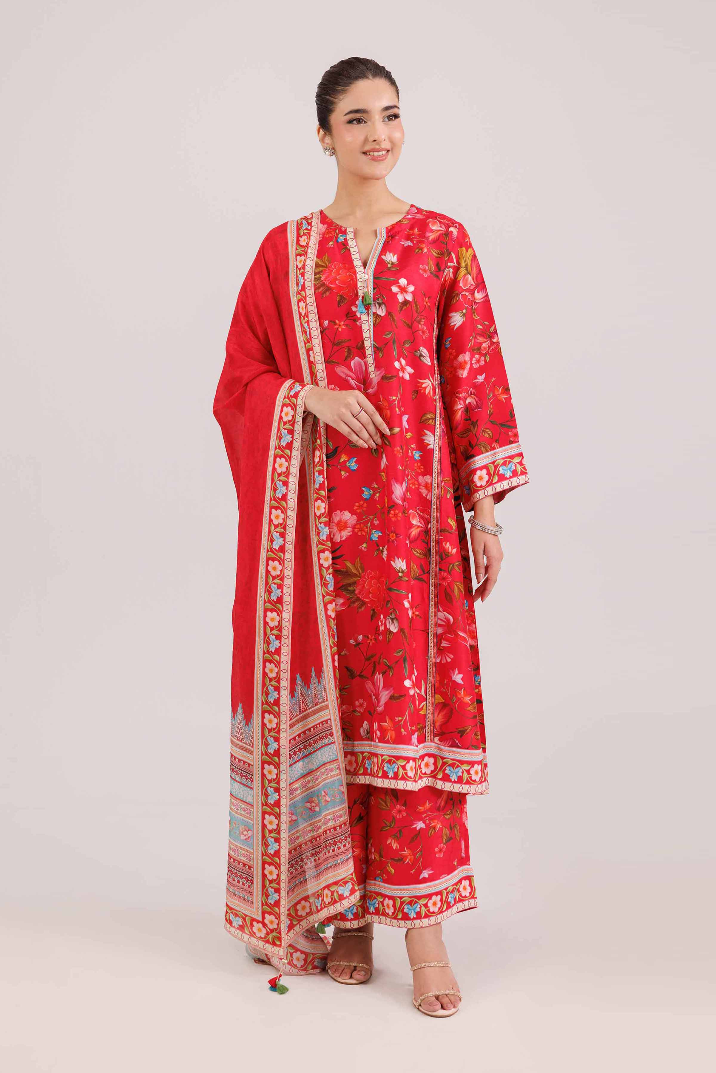 3 Piece - Printed Suit - KFW25-91 READY TO WEAR - LUXURY Pink Silk 3PC Printed