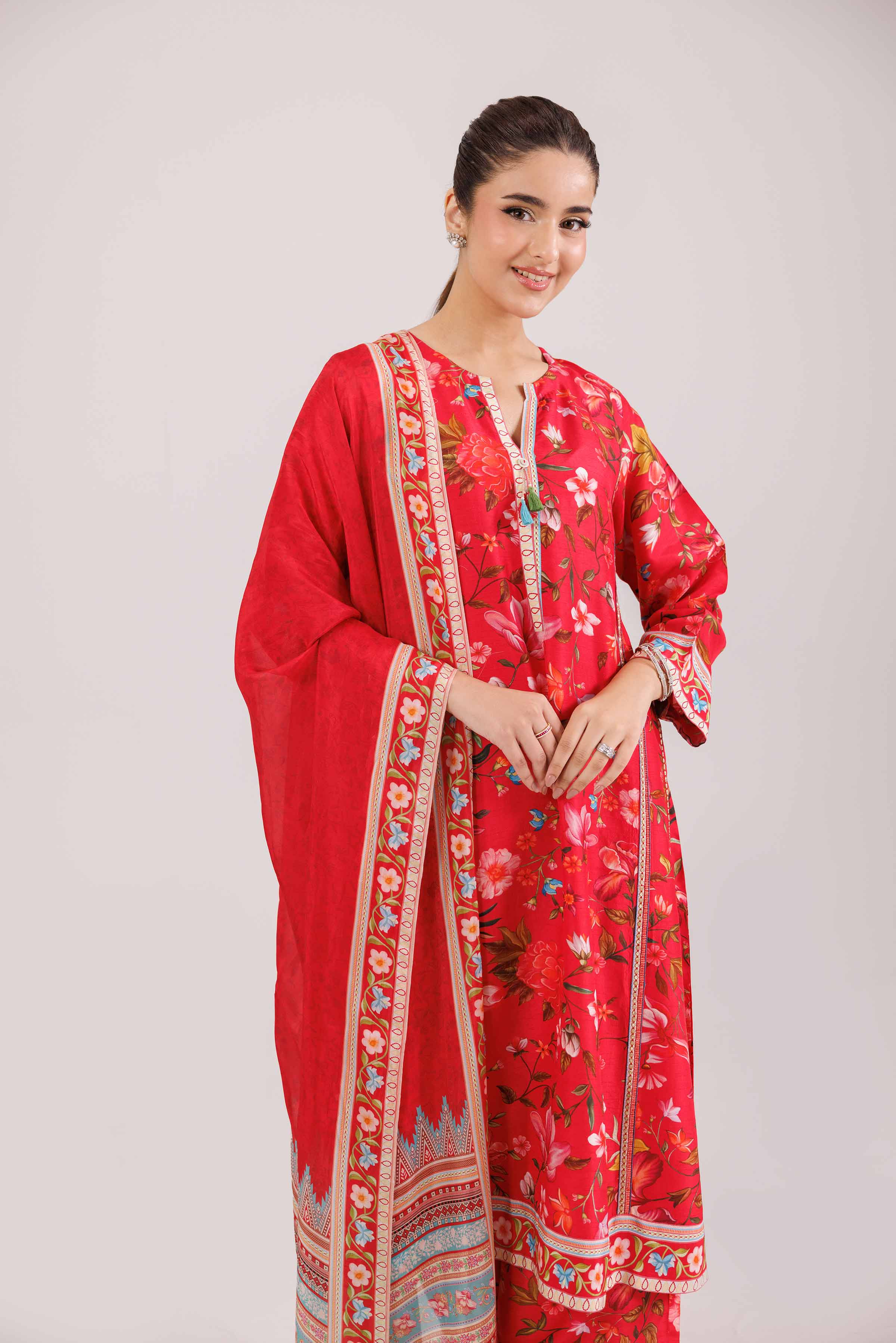 3 Piece - Printed Suit - KFW25-91 READY TO WEAR - LUXURY Pink Silk 3PC Printed
