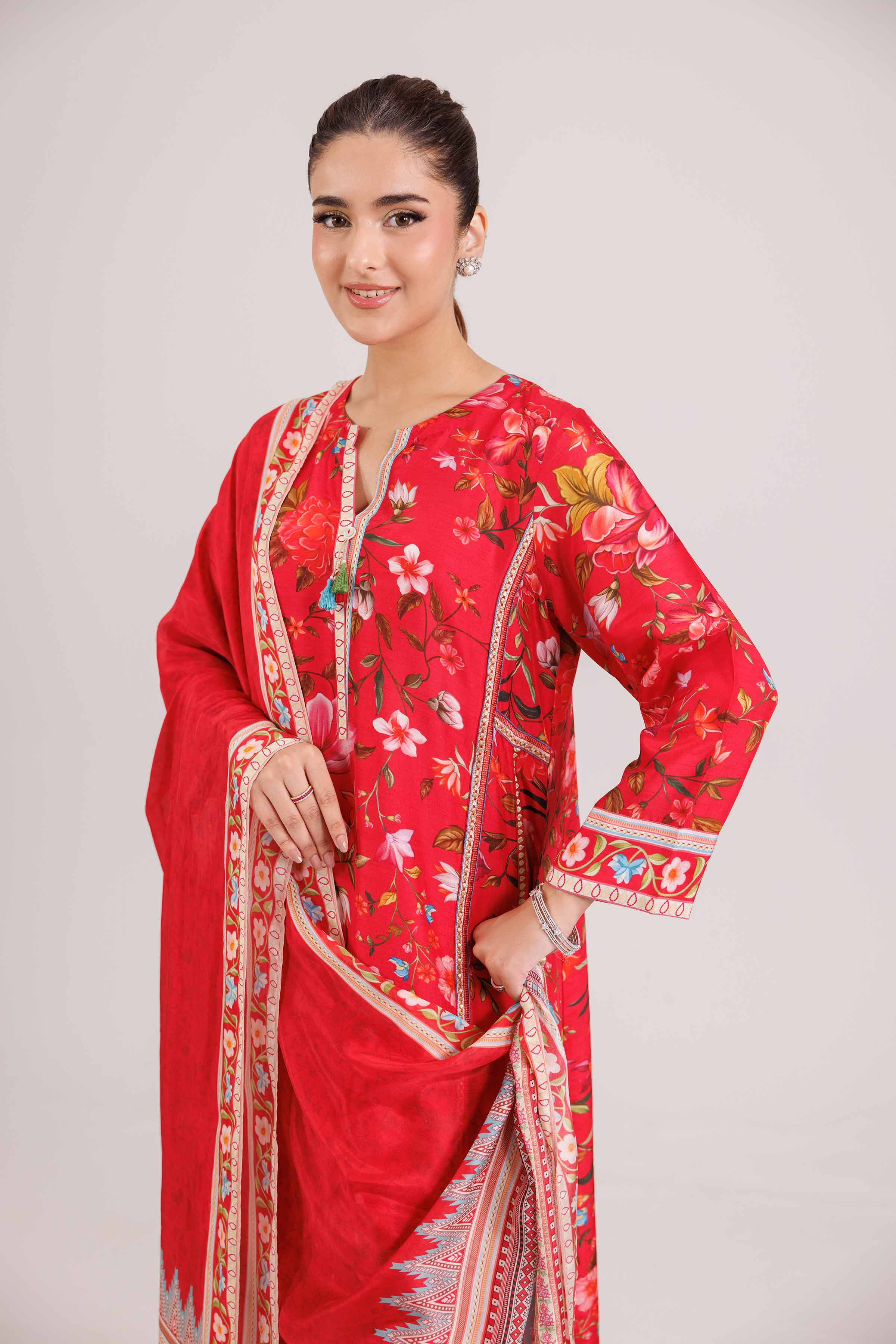 3 Piece - Printed Suit - KFW25-91 READY TO WEAR - LUXURY Pink Silk 3PC Printed